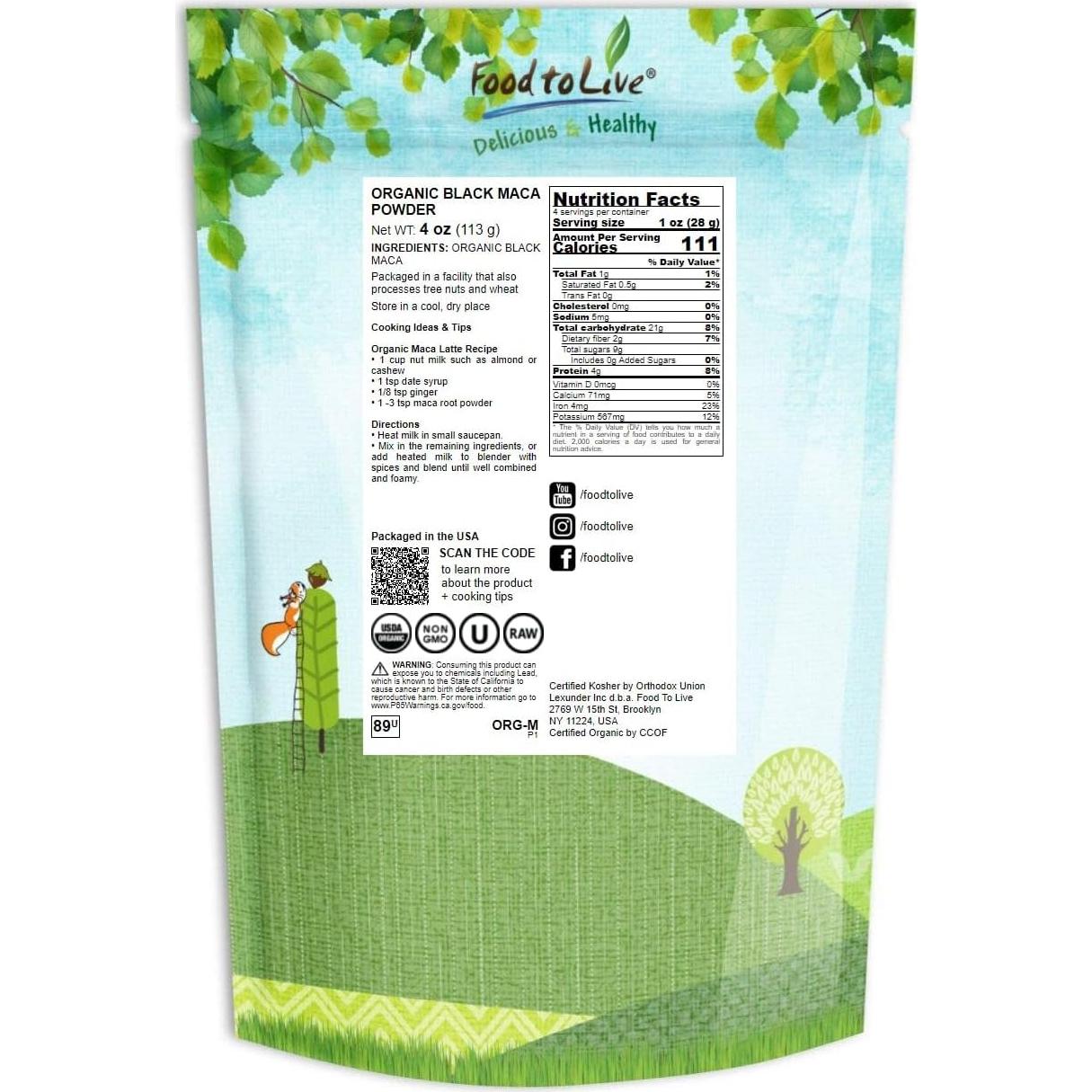 Polvo de Maca Negra Orgánica Food to Live 113.4g Superalimento