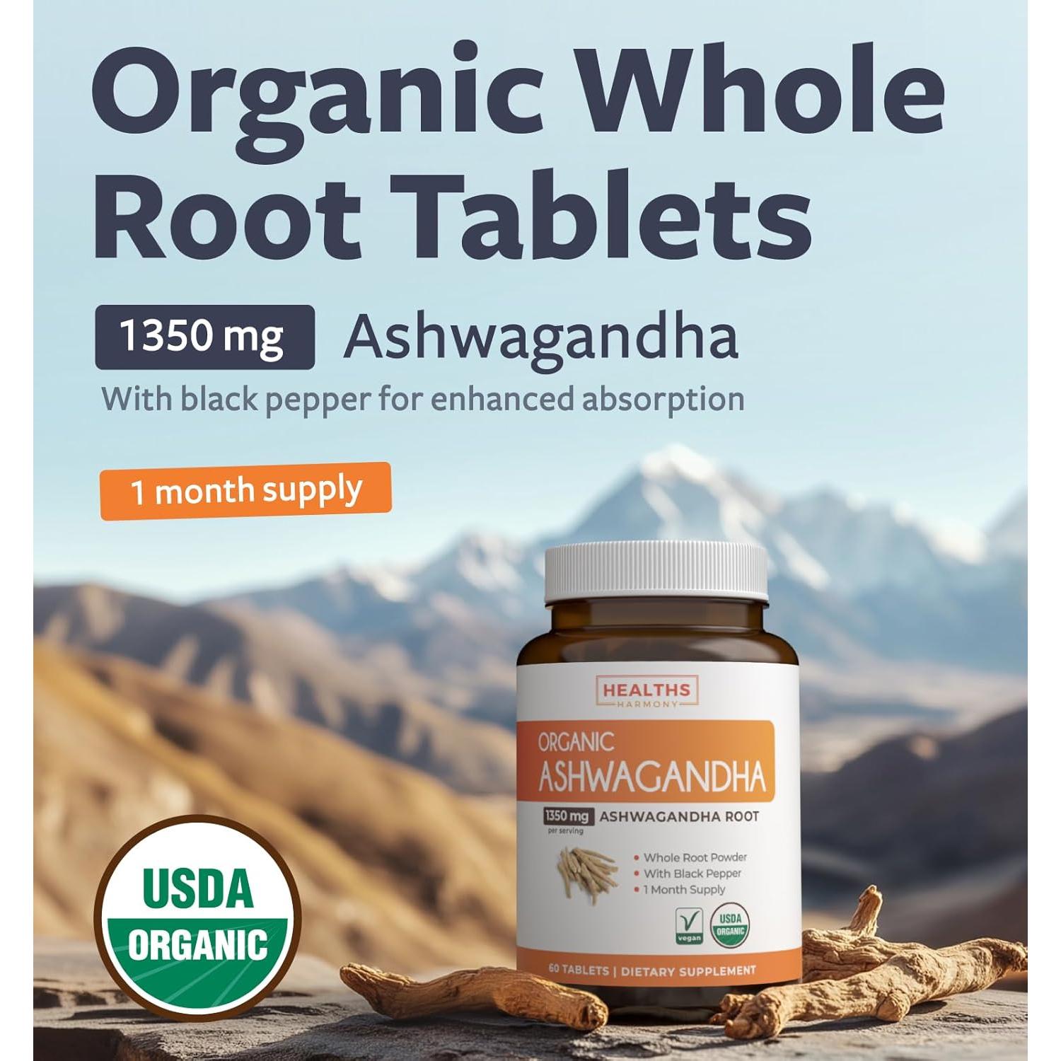 Suplemento de Ashwagandha Orgánico Healths Harmony 60 Cápsulas