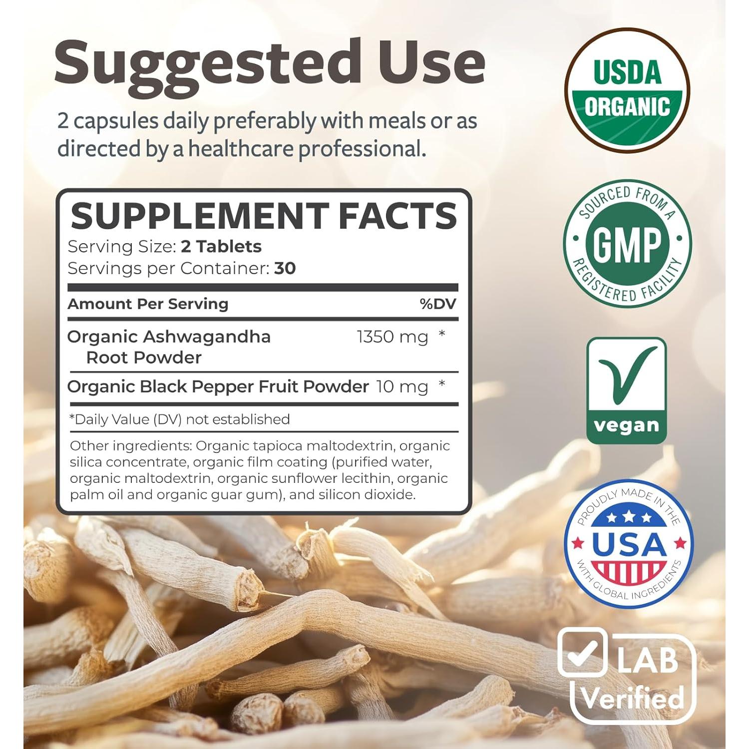 Suplemento de Ashwagandha Orgánico Healths Harmony 60 Cápsulas