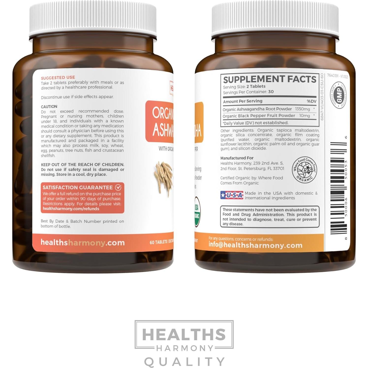 Suplemento de Ashwagandha Orgánico Healths Harmony 60 Cápsulas