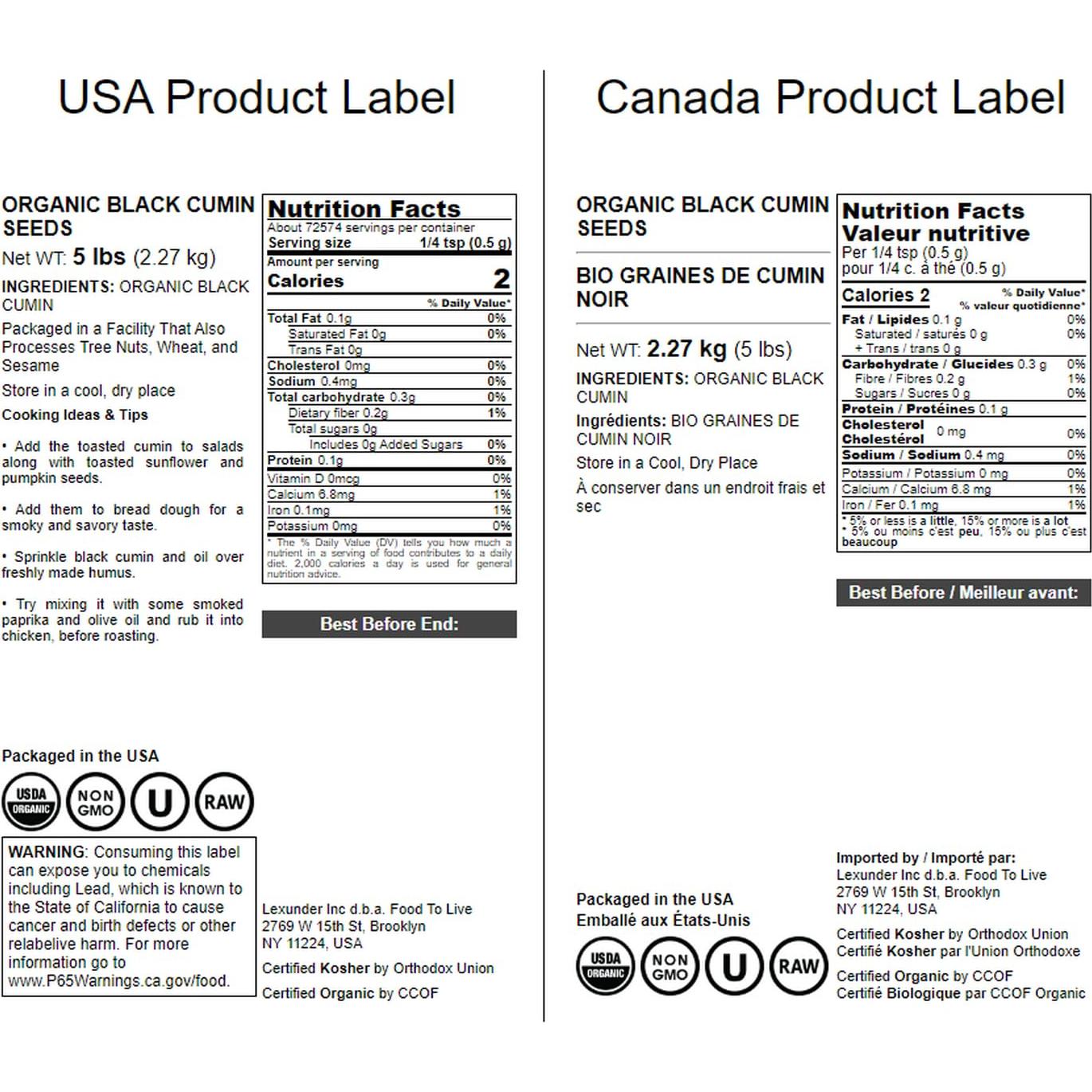 Semillas de Comino Negro Orgánico Food to Live 2.27 kg - Sin OGM, Kosher