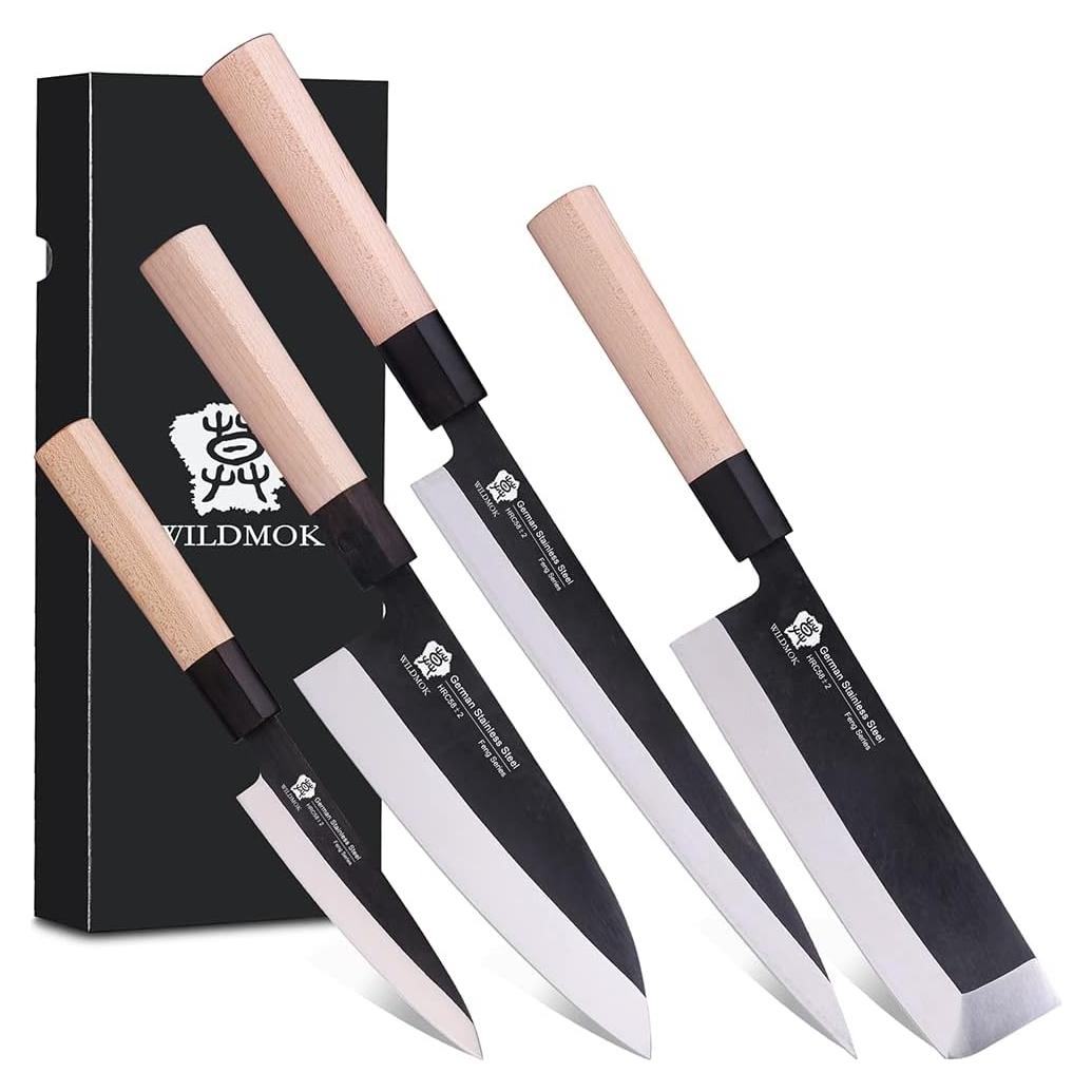 Set de 4 Cuchillos de Cocina WILDMOK - Yanagiba, Deba, Nakiri, Utilitario