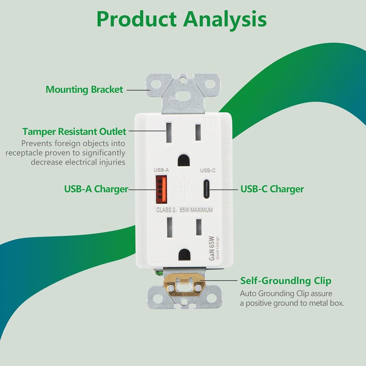 Enchufe de Pared USB Wengart 65W Tipo C y A, Certificado UL
