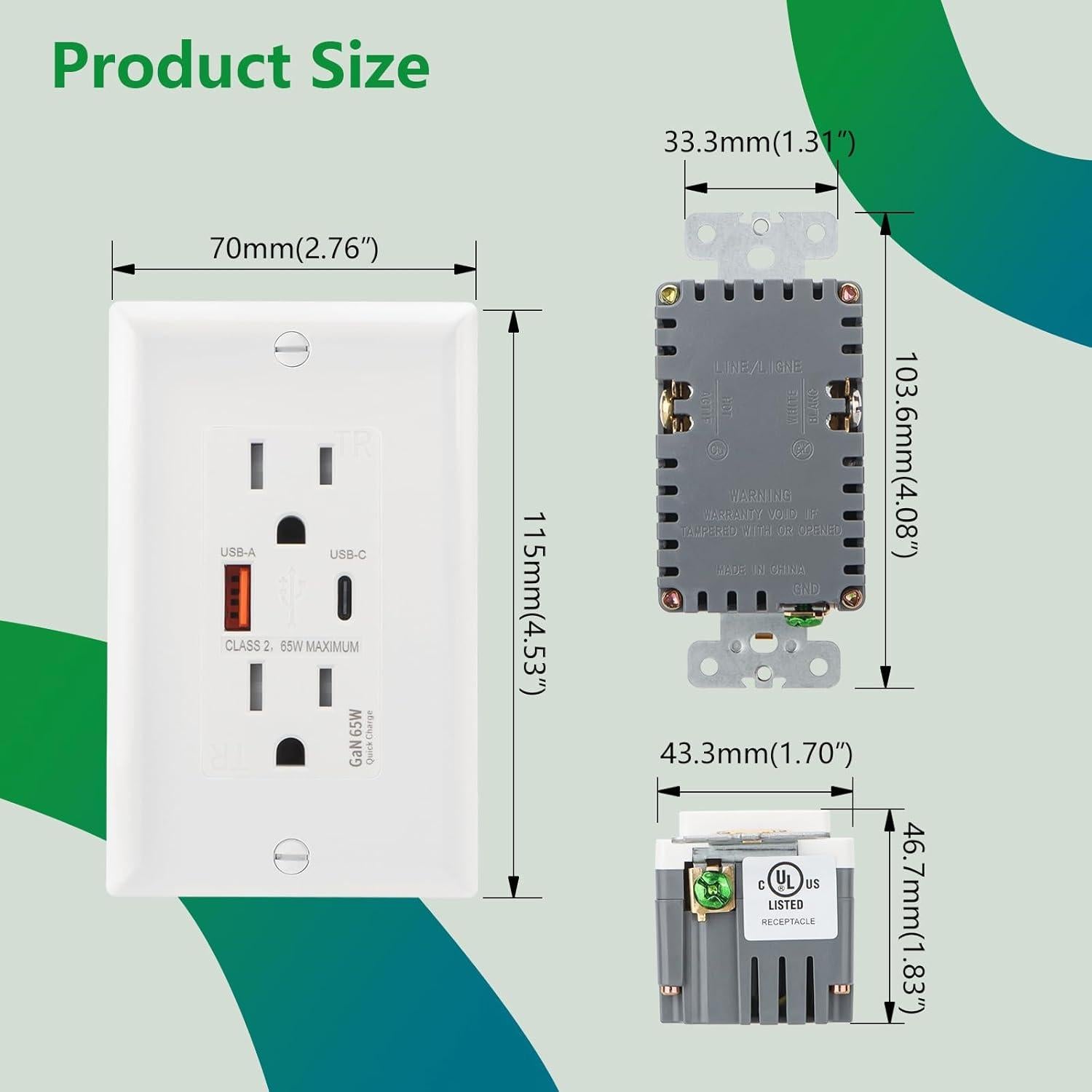 Enchufe de Pared USB Wengart 65W Tipo C y A, Certificado UL