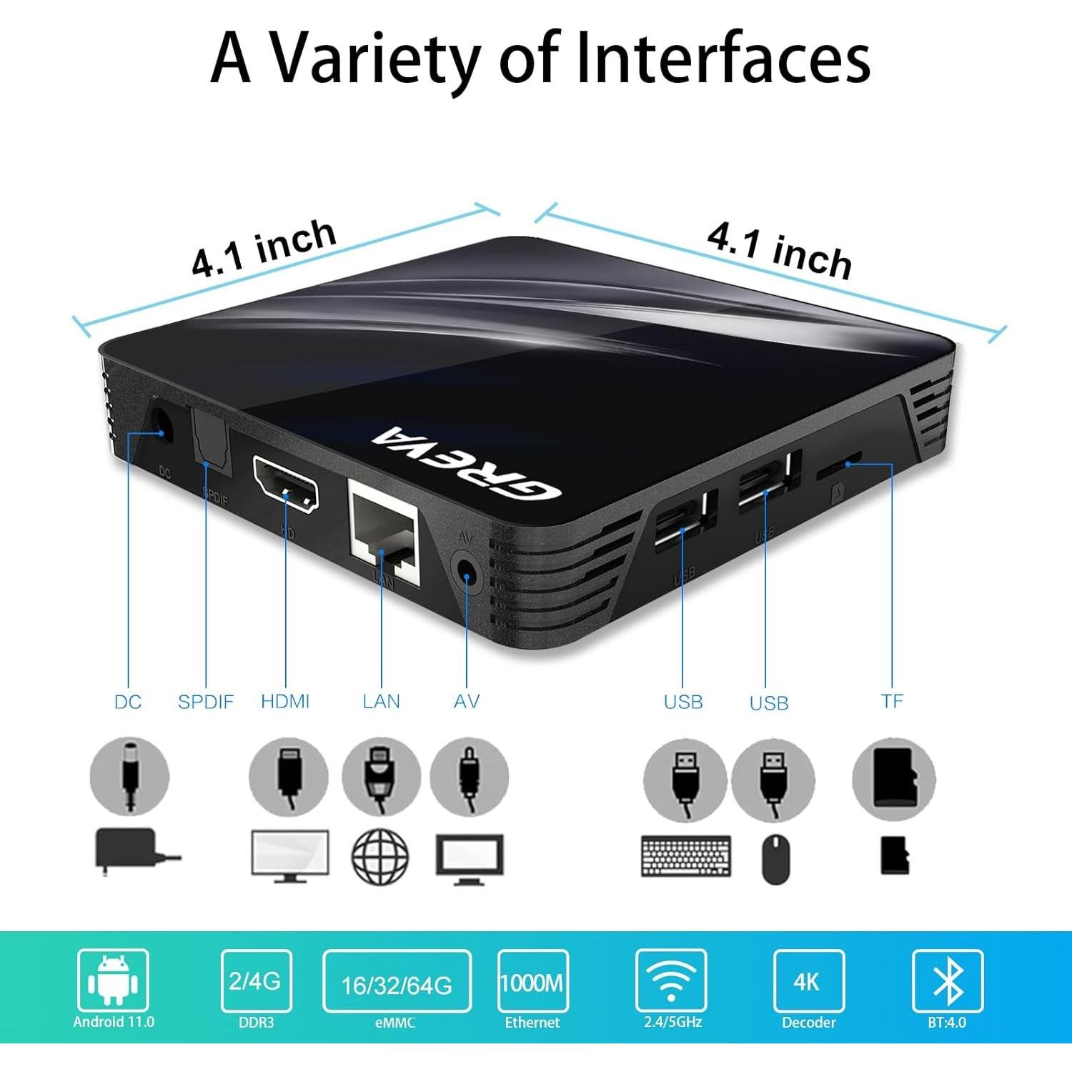 GREVA Android TV Box 11.0 4K 2GB RAM 16GB ROM WiFi Dual