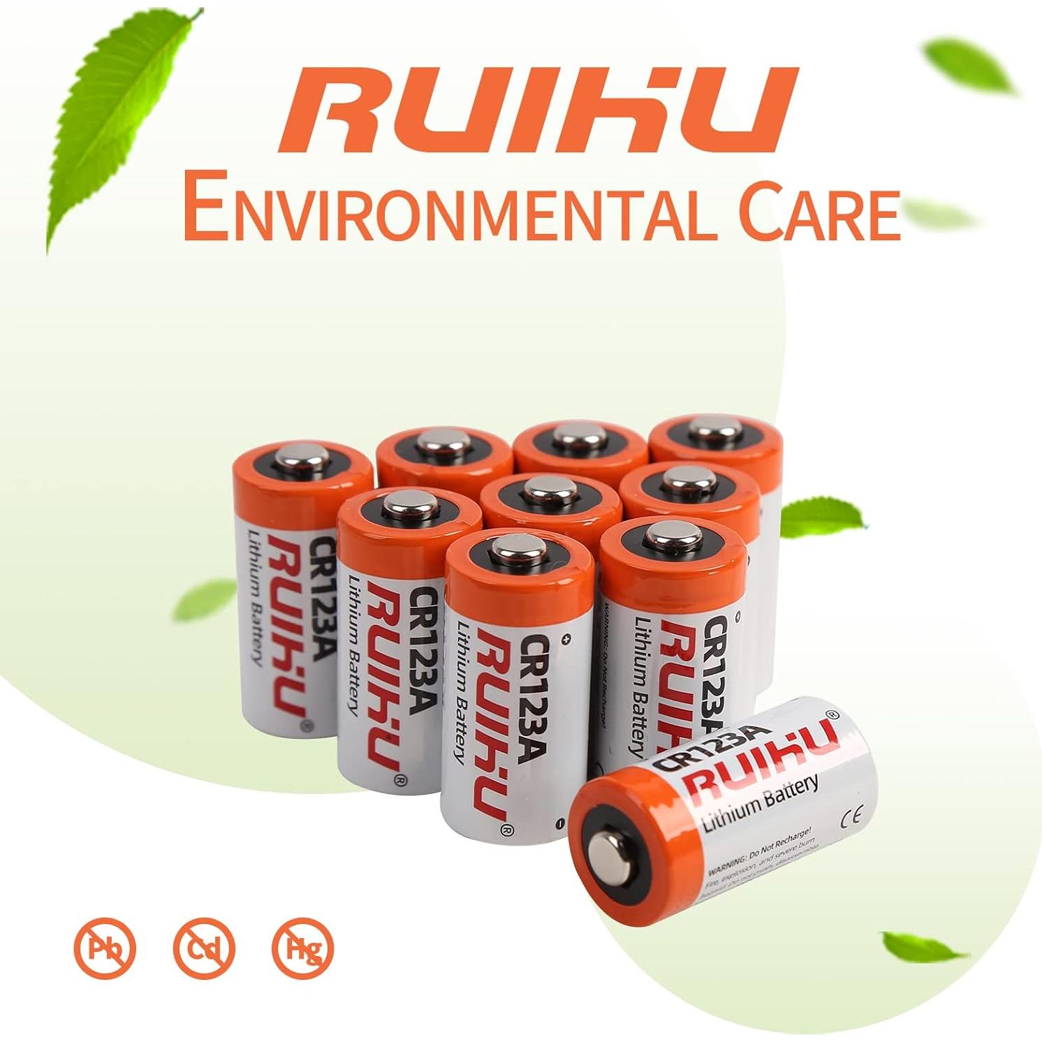 Baterías de Litio CR123A RUIHU Paquete de 10 1500mAh 3V