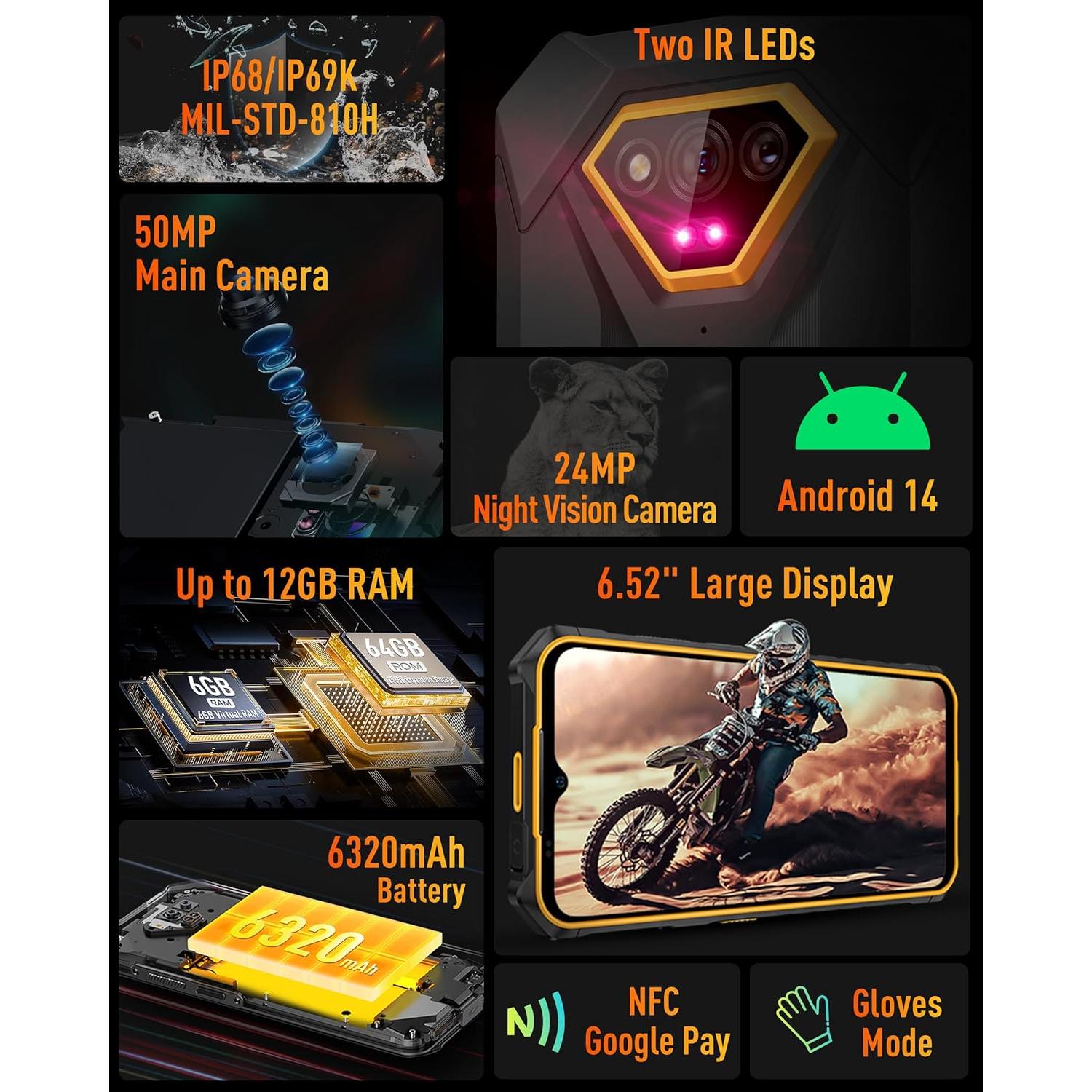 Ulefone Armor X13 Teléfono Resistente IP68 12GB RAM 64GB Negro