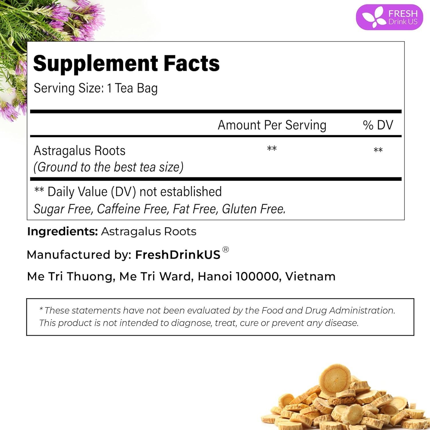 Té de Raíz de Astrágalo FreshDrinkUS - 55 Bolsitas 100% Natural