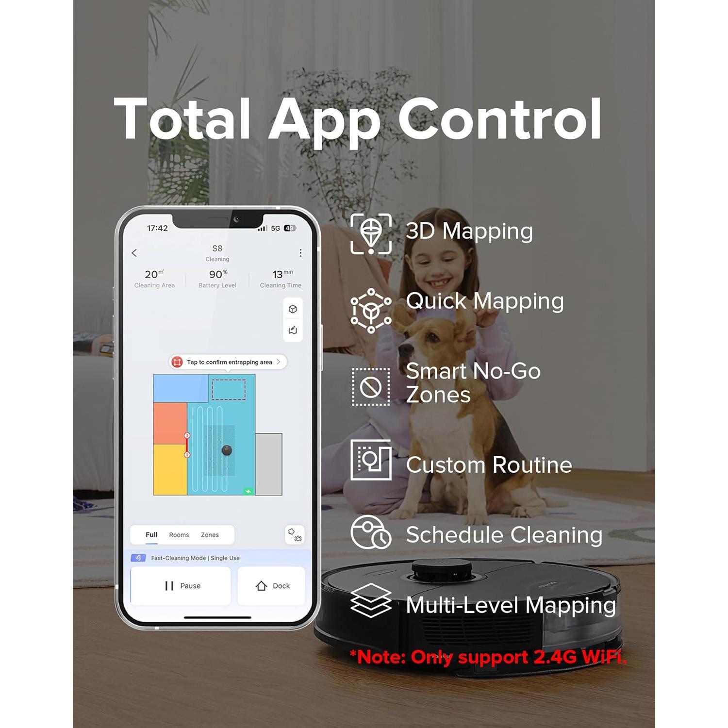roborock S8 Robot Vacuum and Mop Cleaner, DuoRoller Brush, 6000Pa Suction, ReactiveAI 2.0 Obstacle Avoidance, Sonic Mopping, Auto Lifting Mop, Works with Alexa, Perfect for Pet Hair, Black