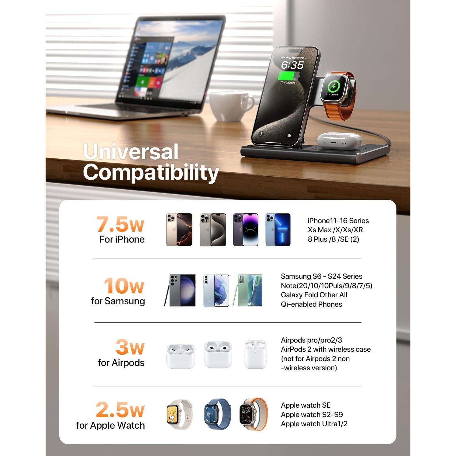 Cargador Inalámbrico EXW 3 en 1 para iPhone y Apple Watch