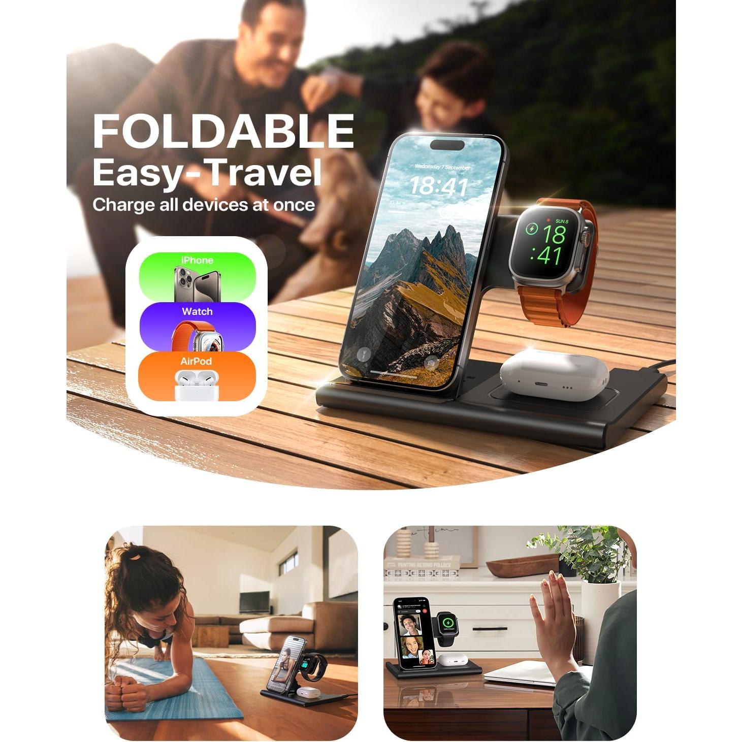 Cargador Inalámbrico EXW 3 en 1 para iPhone y Apple Watch