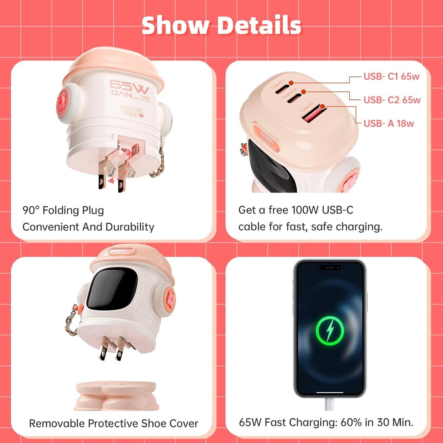 Cargador Divoom Dipow 65W USB-C Rápido 3 Puertos Rosa