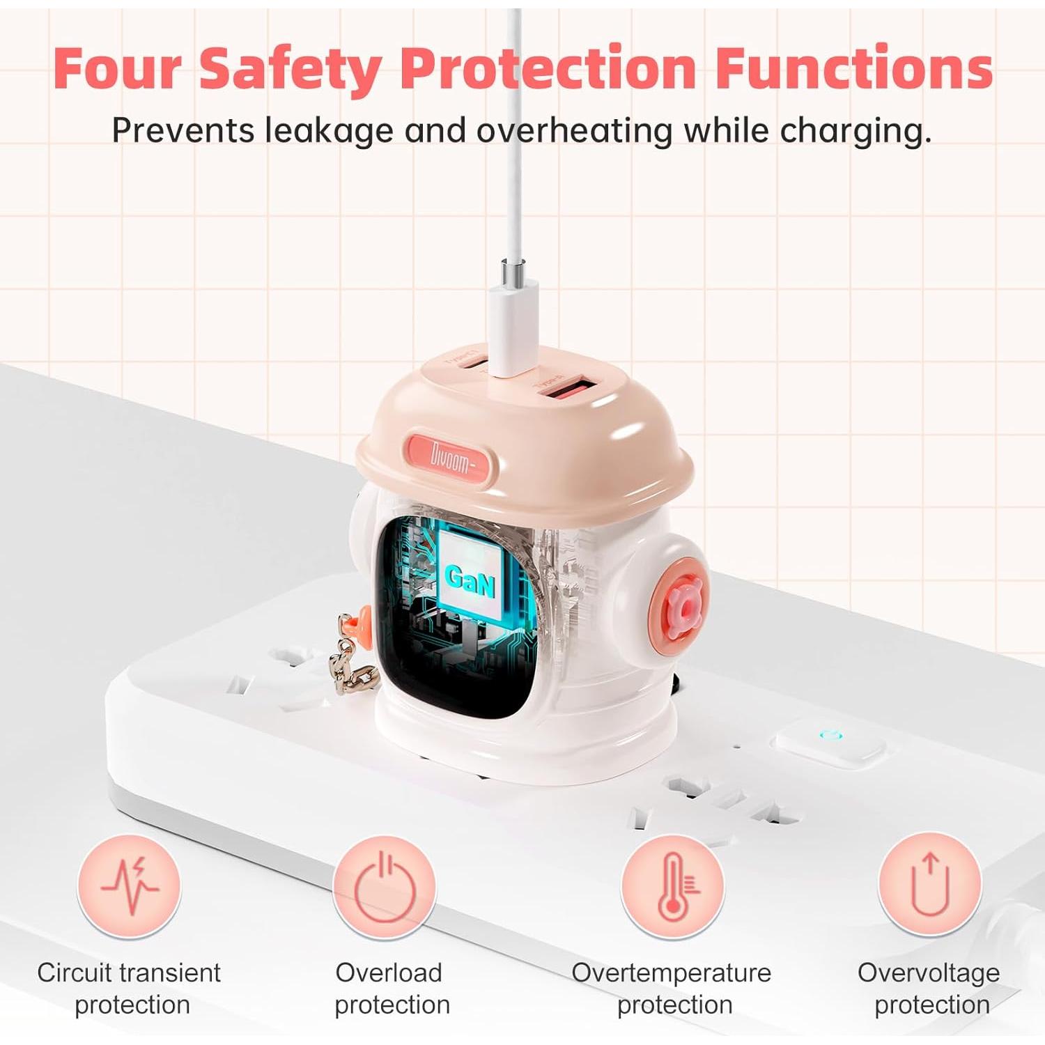 Cargador Divoom Dipow 65W USB-C Rápido 3 Puertos Rosa