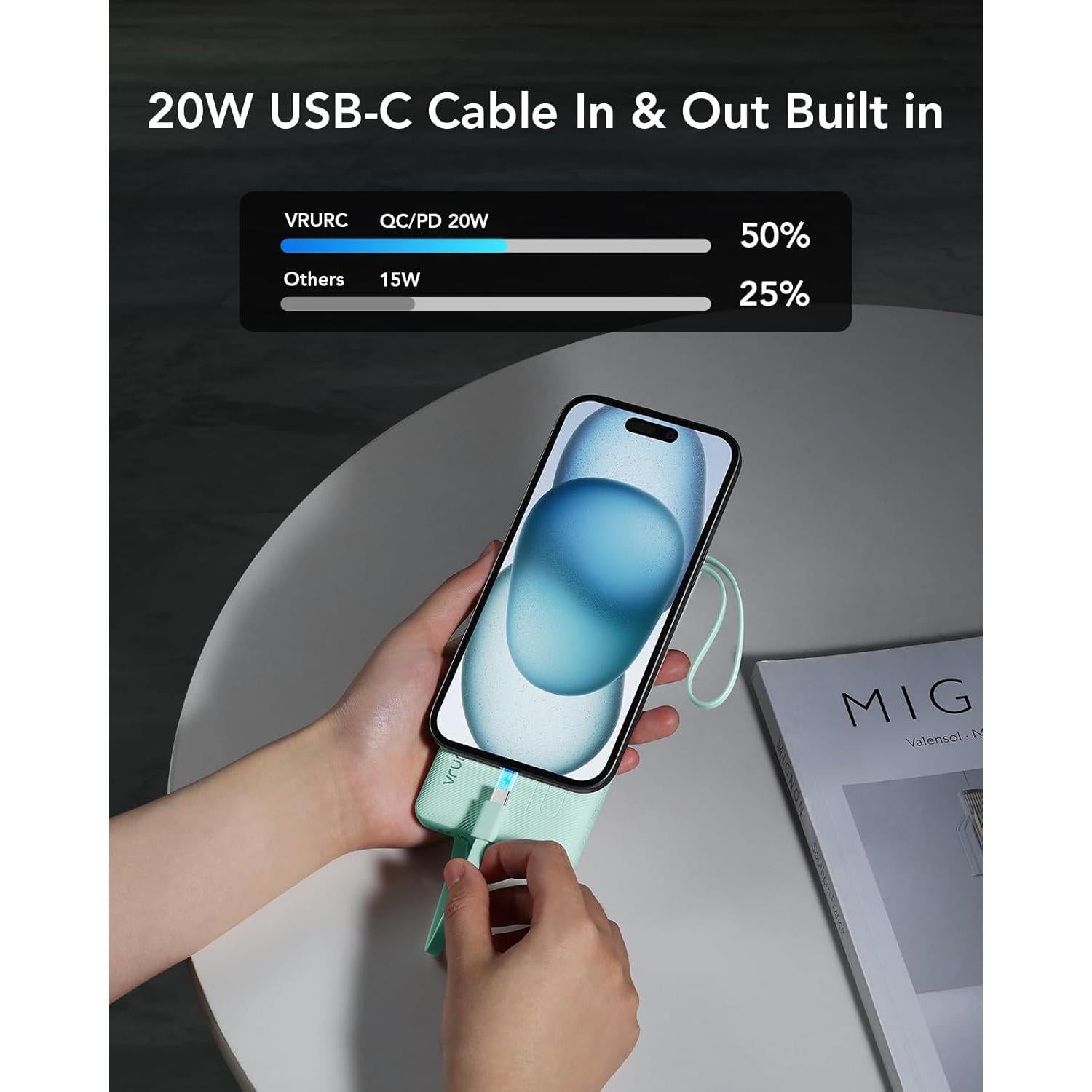 Cargador Portátil VRURC 10000mAh 22.5W Carga Rápida USB-C Verde