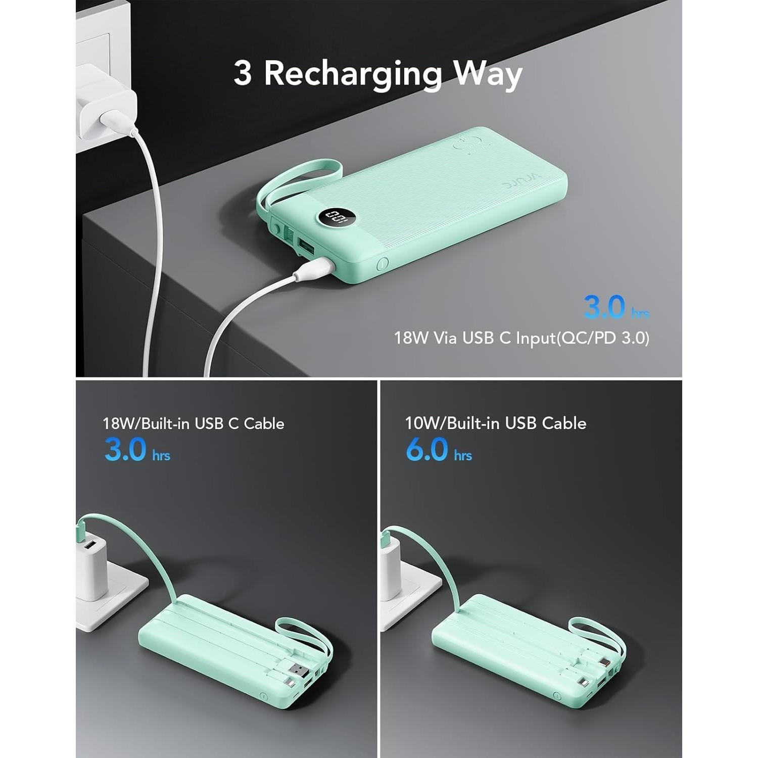 Cargador Portátil VRURC 10000mAh 22.5W Carga Rápida USB-C Verde