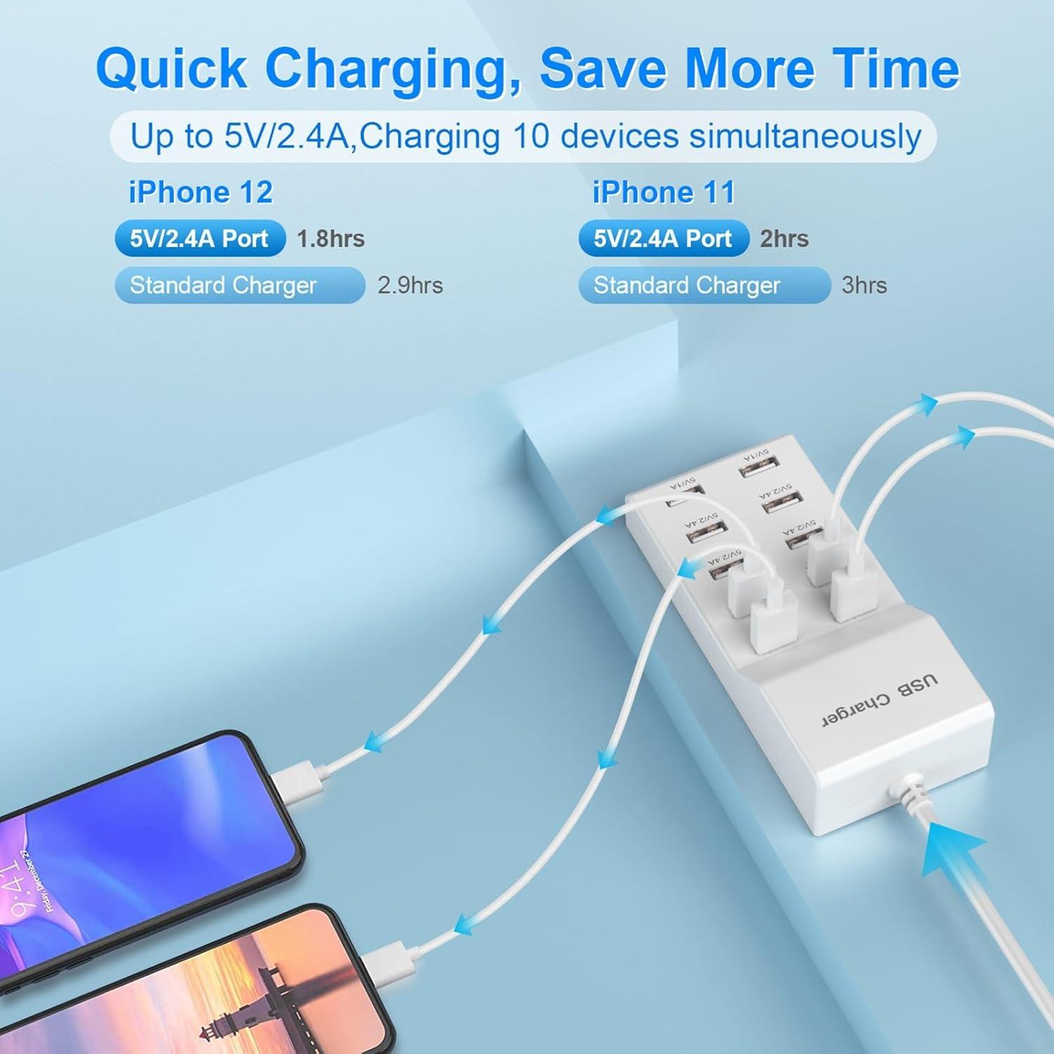 Cargador de Pared USB QIONMAR 10 Puertos 50W Carga Rápida