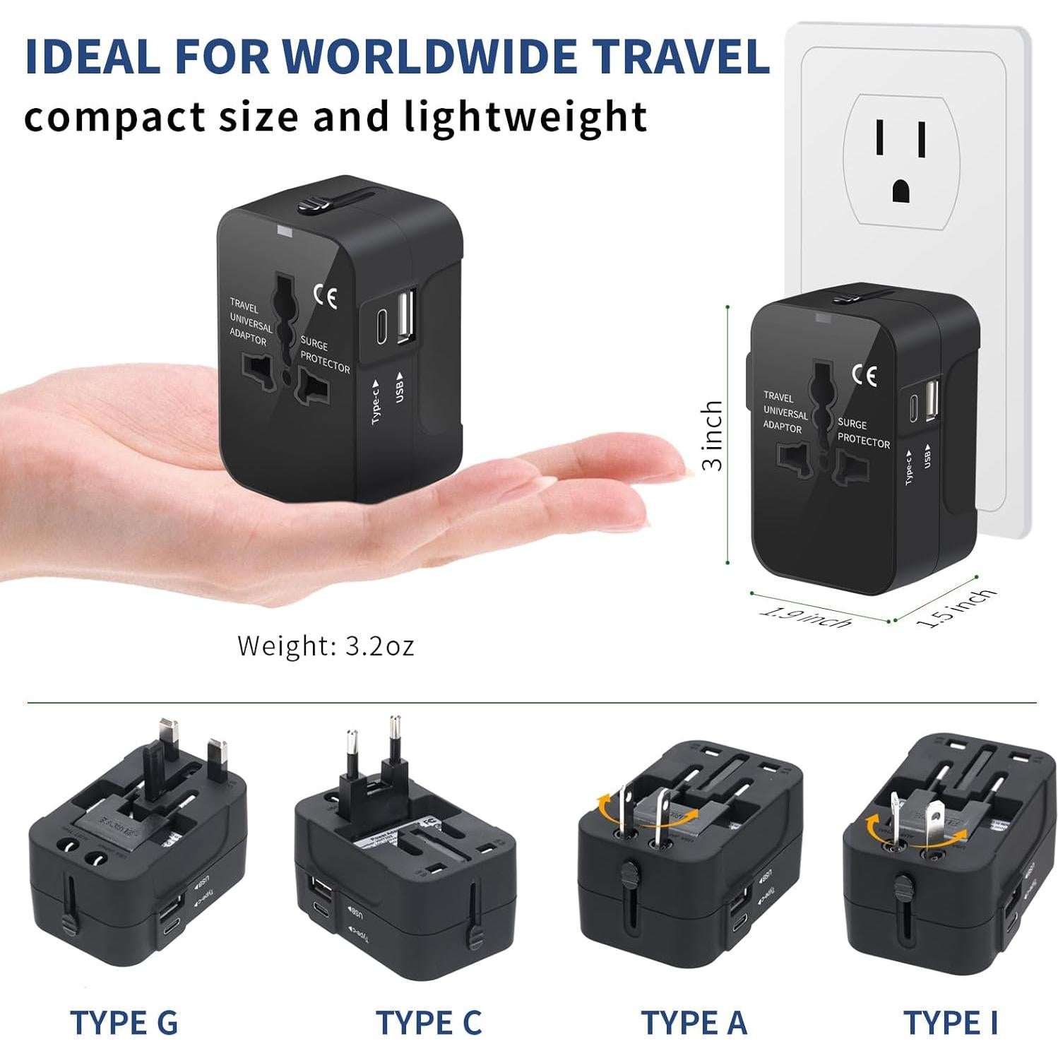 Adaptador de Viaje LIANSING Universal USB C 1A 1C Negro