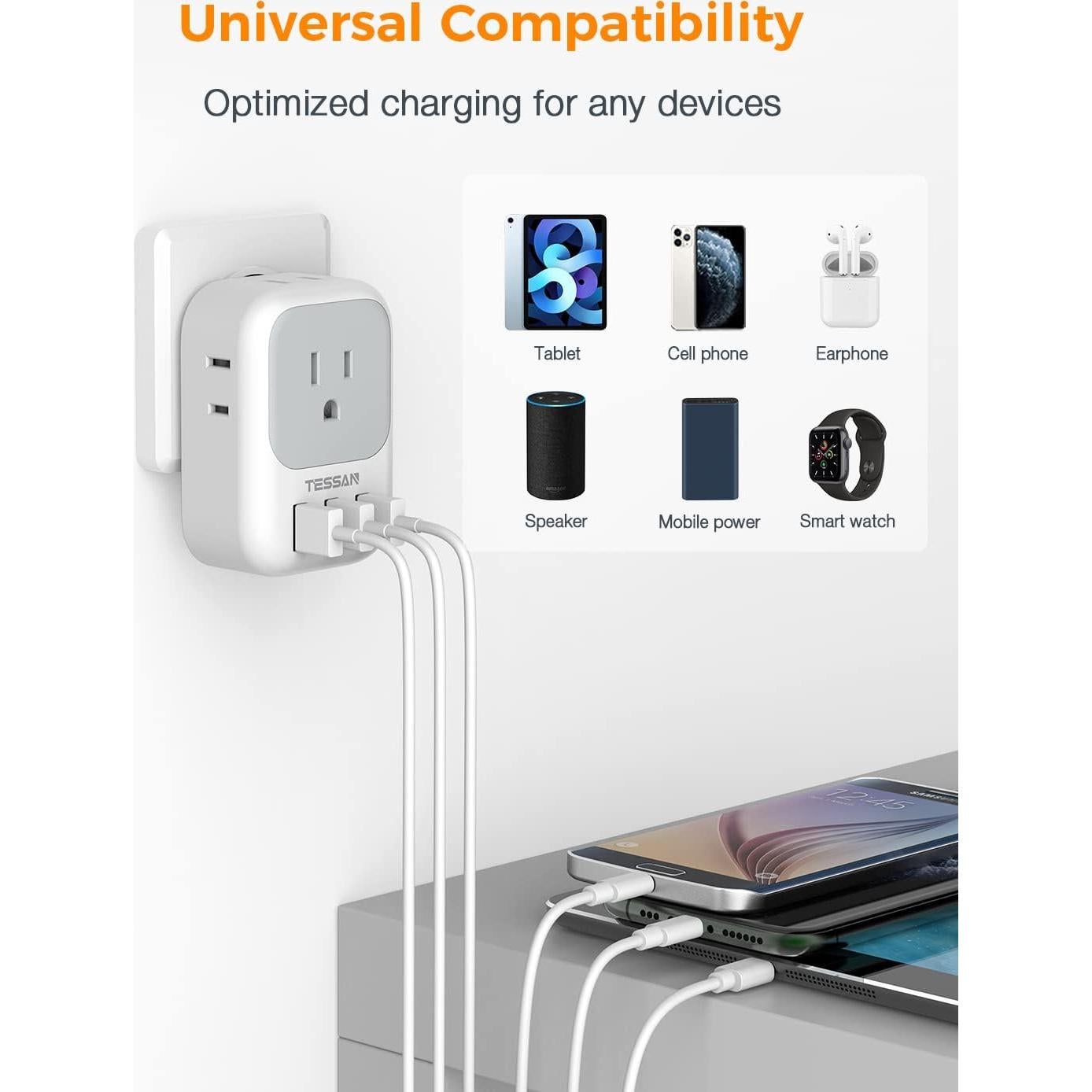 Cargador USB TESSAN 4 Tomas 3 Puertos para Viaje