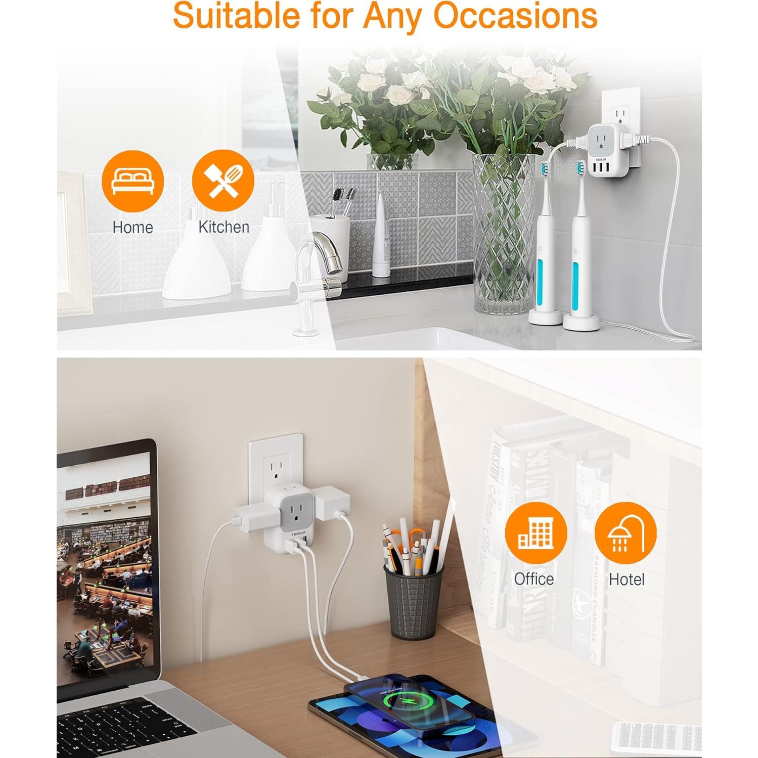 Cargador USB TESSAN 4 Tomas 3 Puertos para Viaje