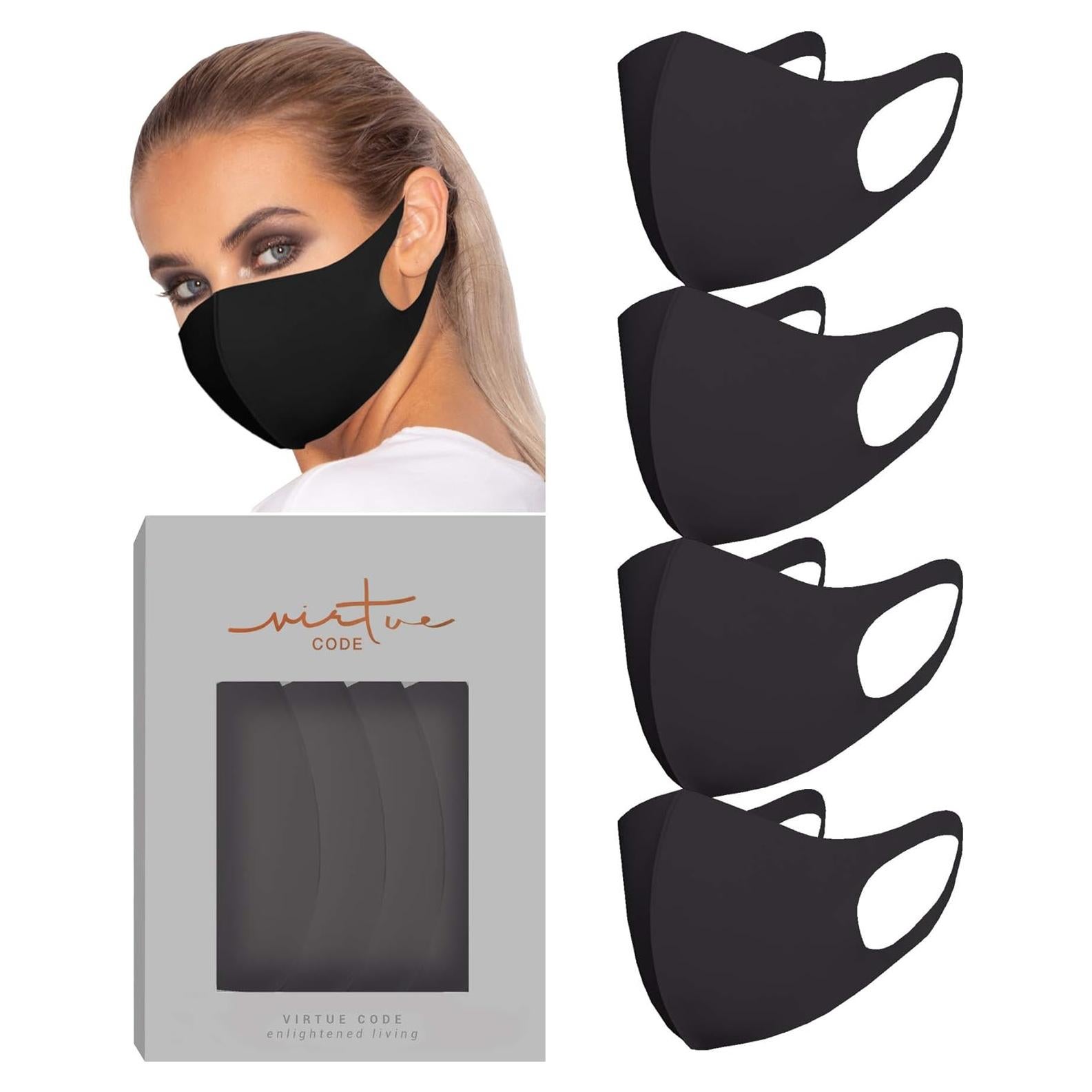 Paquete de 4 Mascarillas de Tela Virtue Code Negras Reutilizables