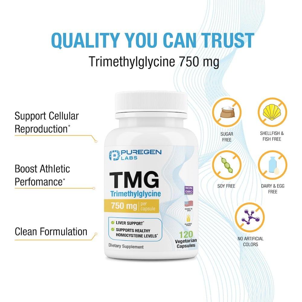 Suplemento Trimetilglicina TMG 750 mg Puregen Labs 120 Cápsulas