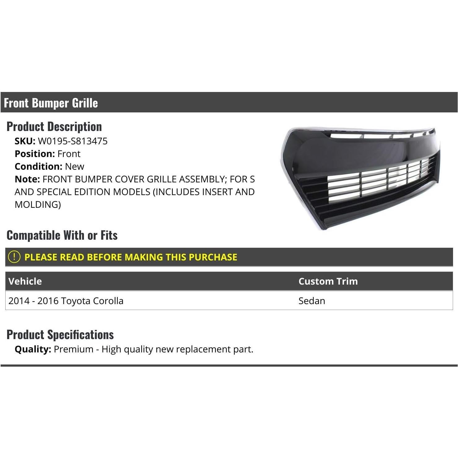 Rejilla de Parachoques Delantero Toyota Corolla 2014-2016