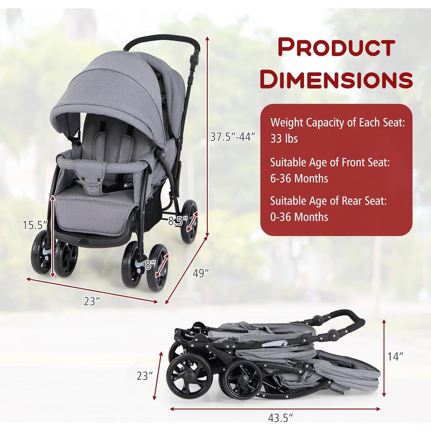 Cochecito Doble HONEY JOY Plegable para Gemelos Gris