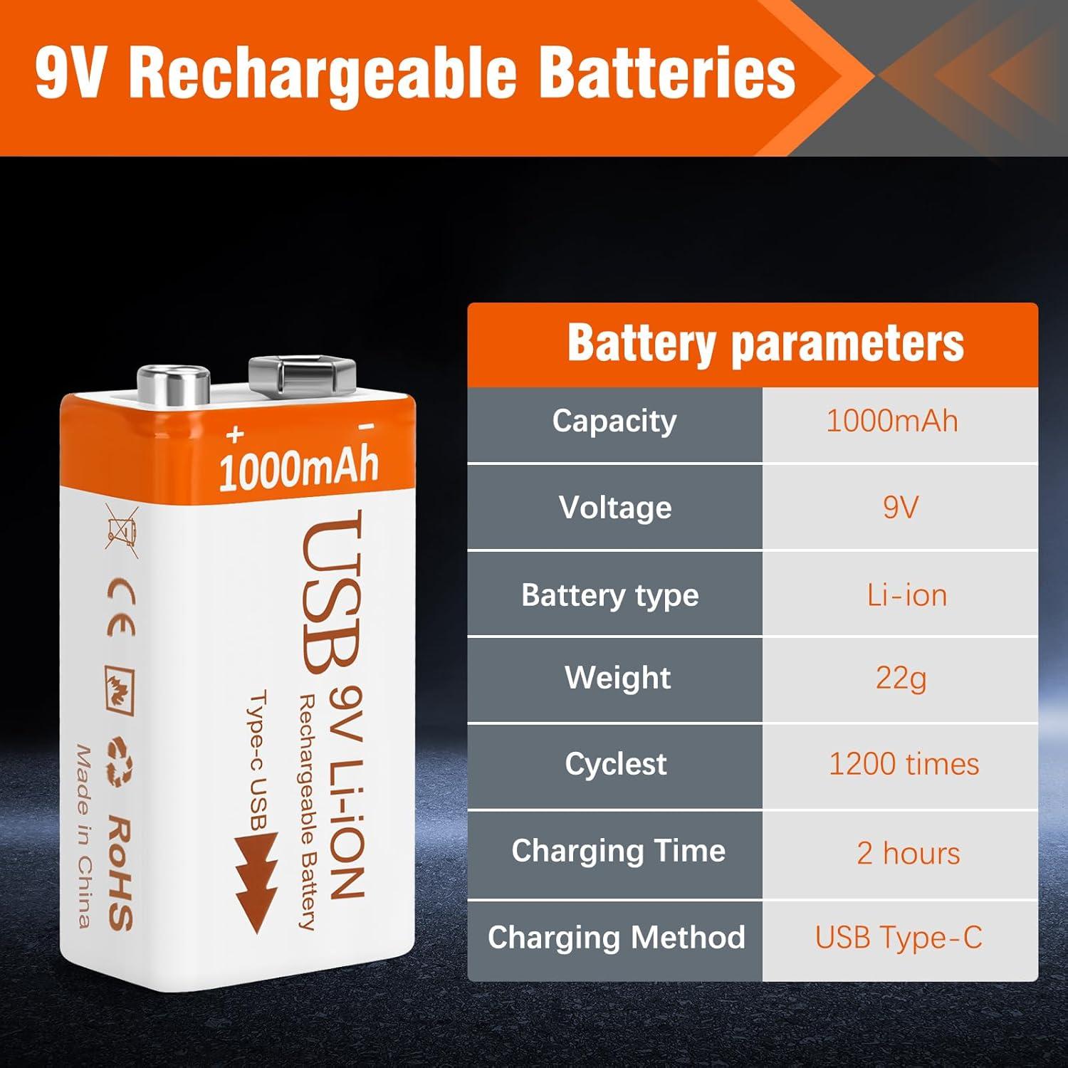 Baterías Recargables de Litio 9V 1000mAh Fitinoch - Paquete de 2
