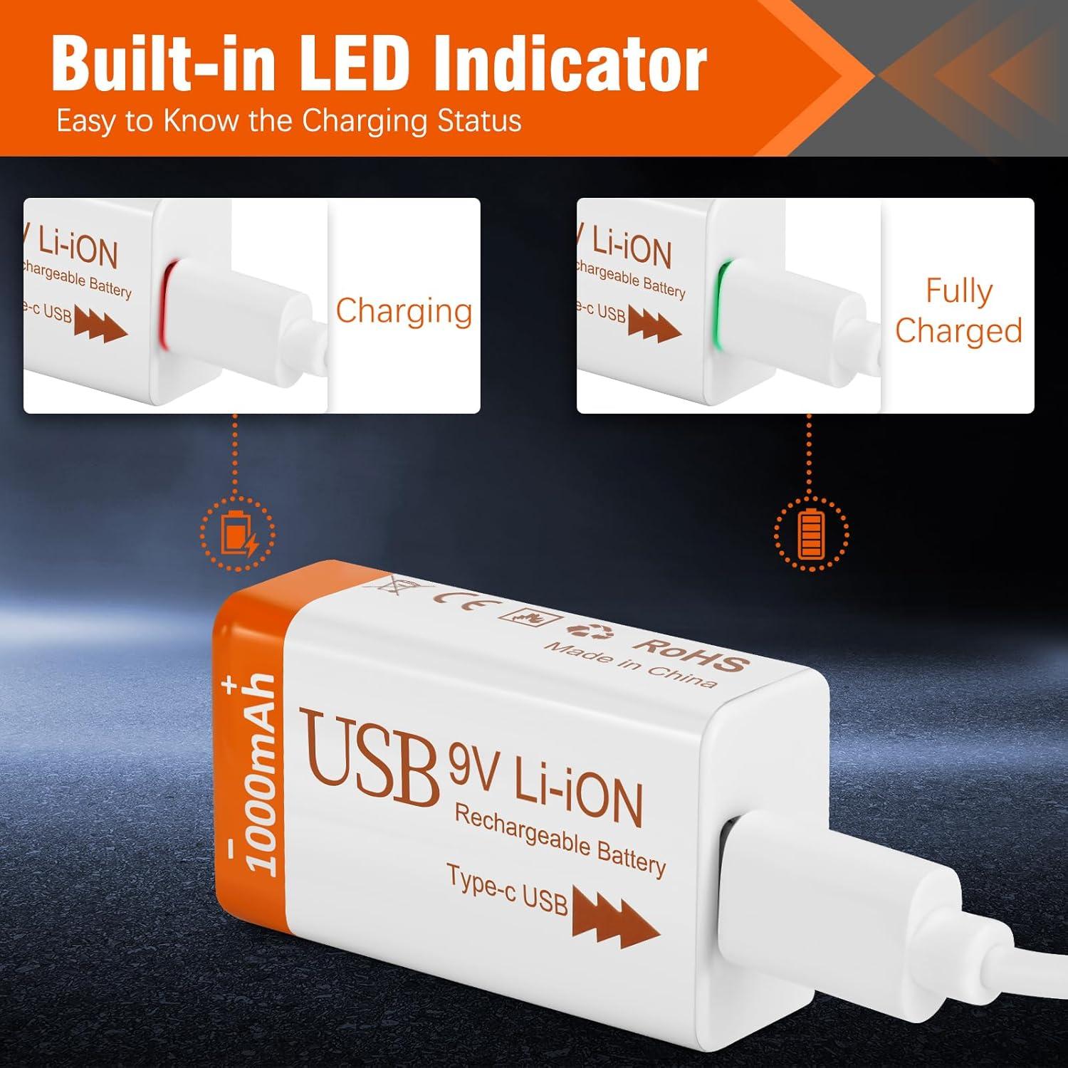 Baterías Recargables de Litio 9V 1000mAh Fitinoch - Paquete de 2