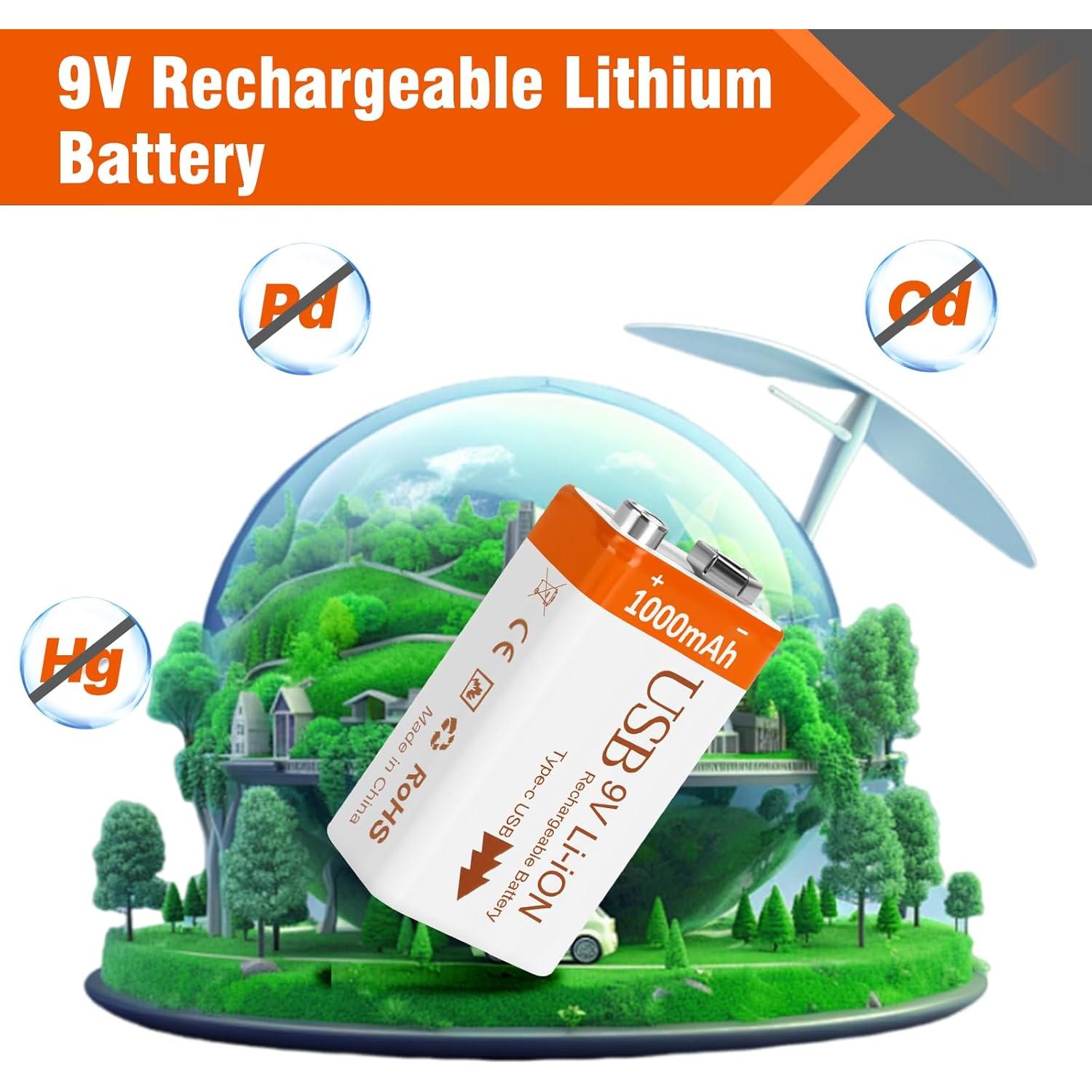 Baterías Recargables de Litio 9V 1000mAh Fitinoch - Paquete de 2