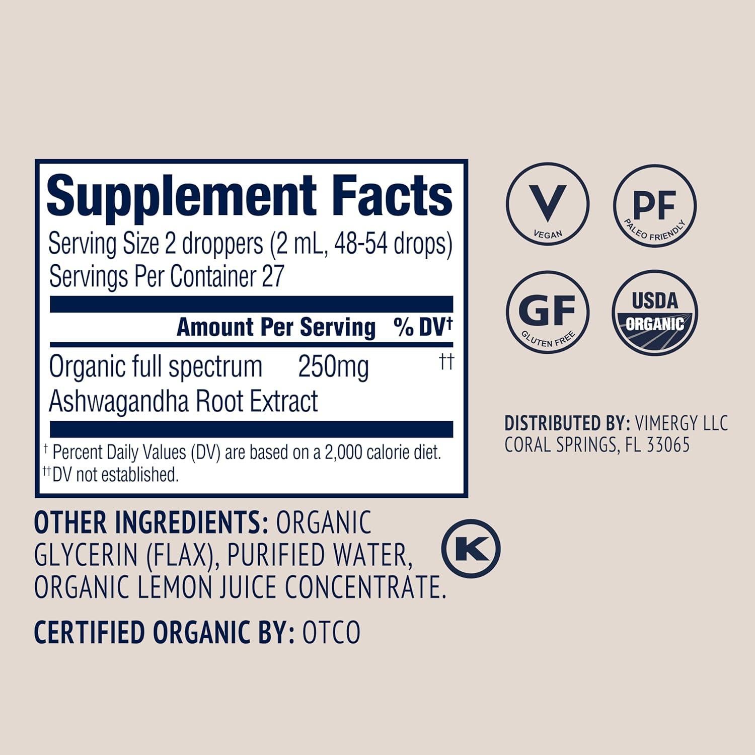 Vimergy Ashwagandha Líquido Orgánico 60.1 mL - Vegano y Sin Gluten