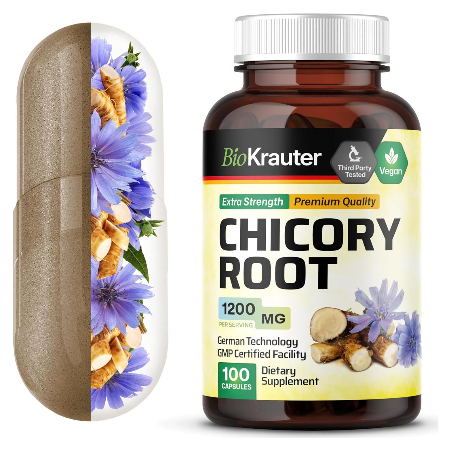 Suplemento de Fibra de Achicoria BioKrauter 1200 mg 100 Cápsulas Veganas