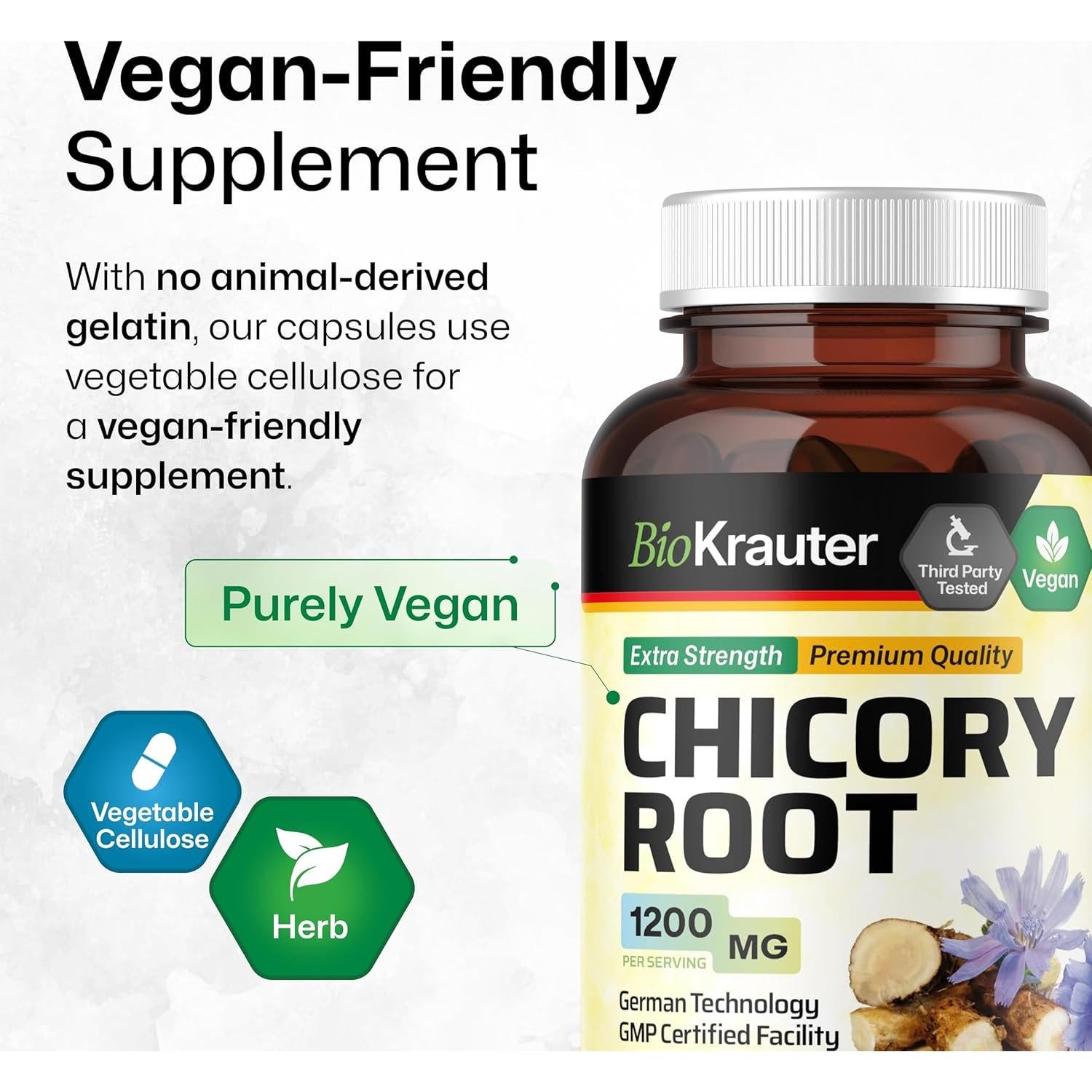 Suplemento de Fibra de Achicoria BioKrauter 1200 mg 100 Cápsulas Veganas