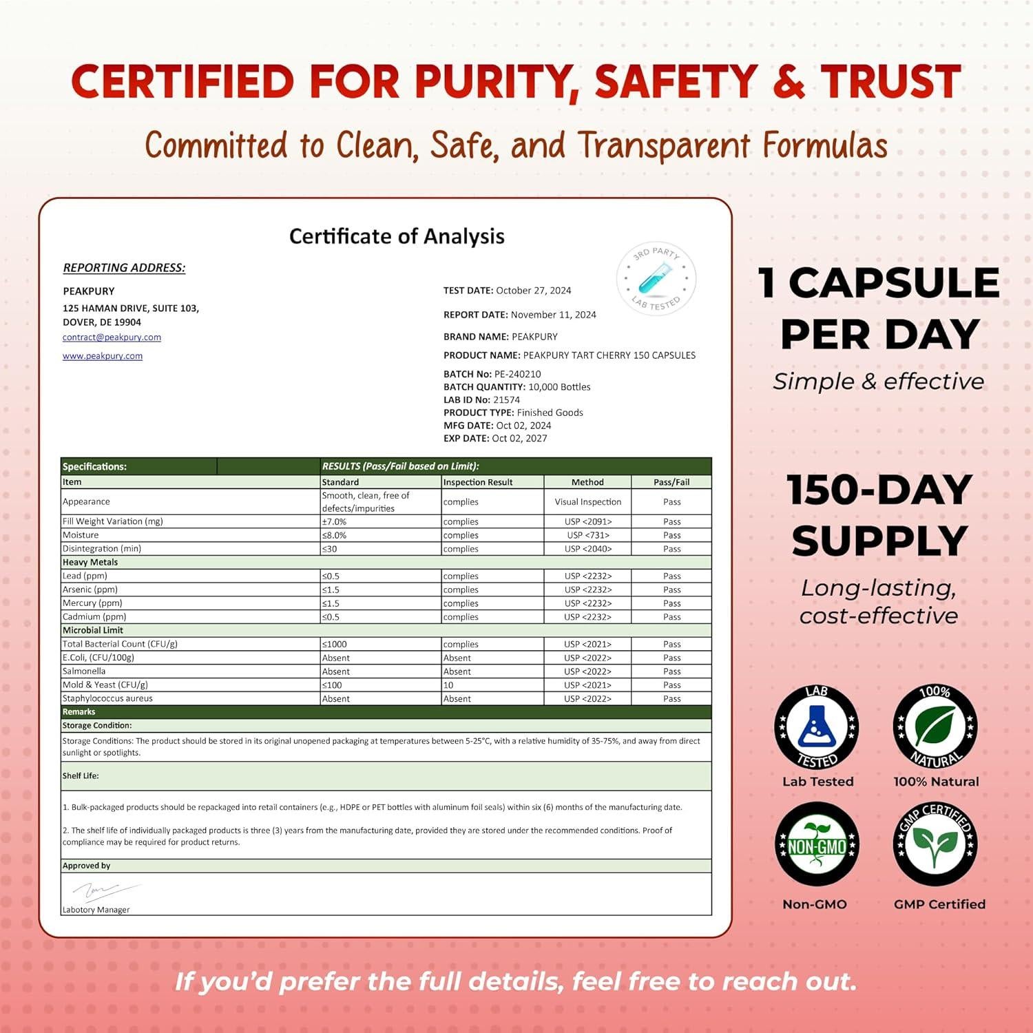 Cápsulas de Cereza Ácida PeakPury 150 unidades - Antioxidantes y Salud Articular