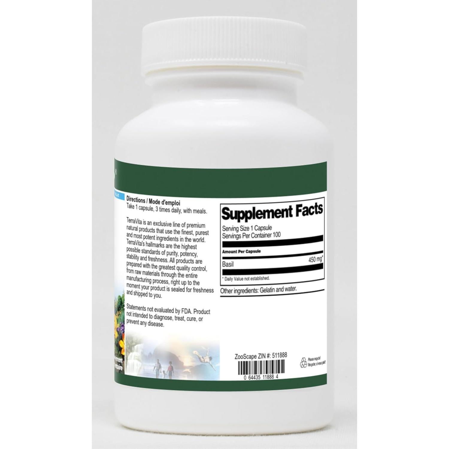 Albahaca 450 mg TerraVita - 100 Cápsulas Sin Rellenos