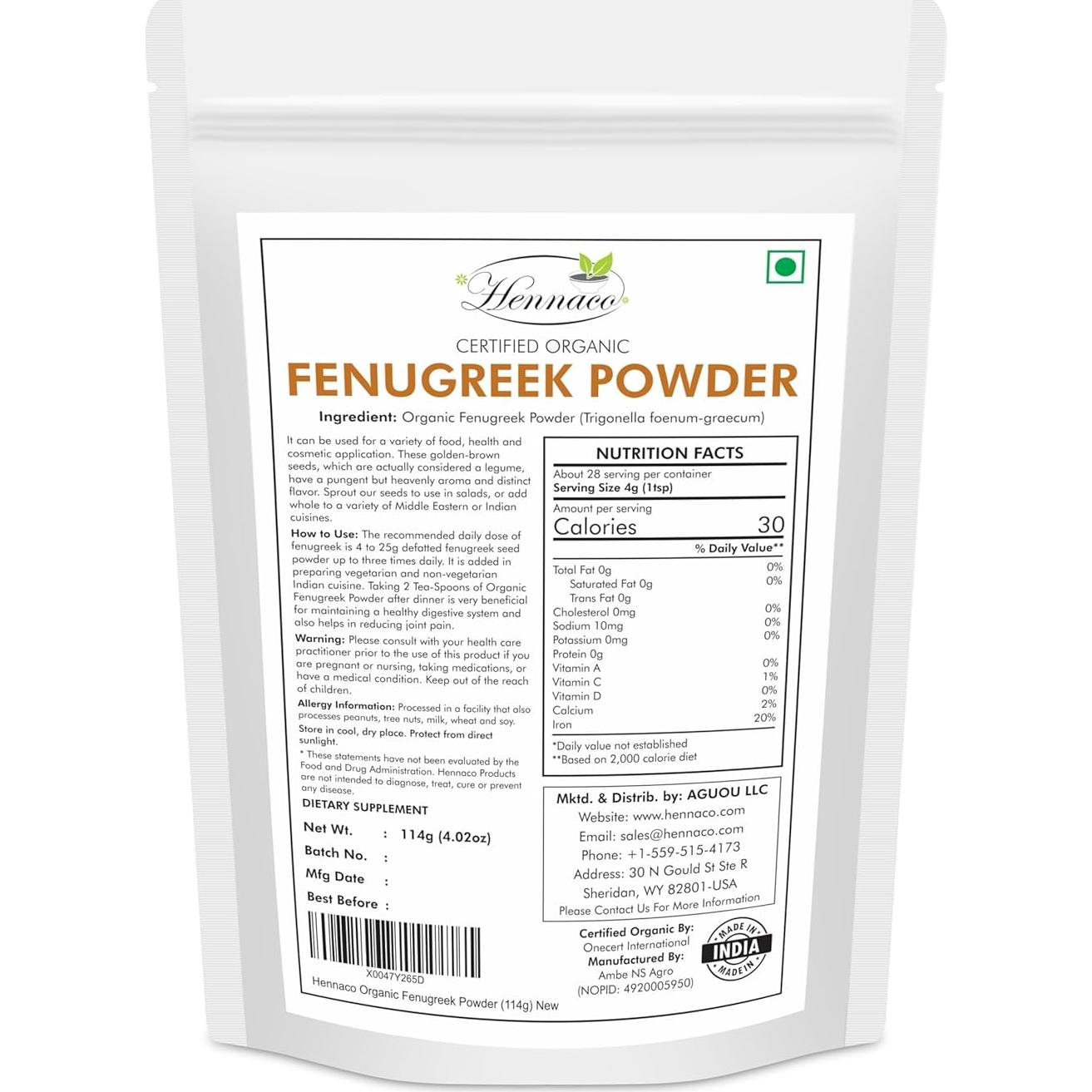 Polvo de Fenogreco Orgánico Hennaco 114 Gramos - Sin Conservantes