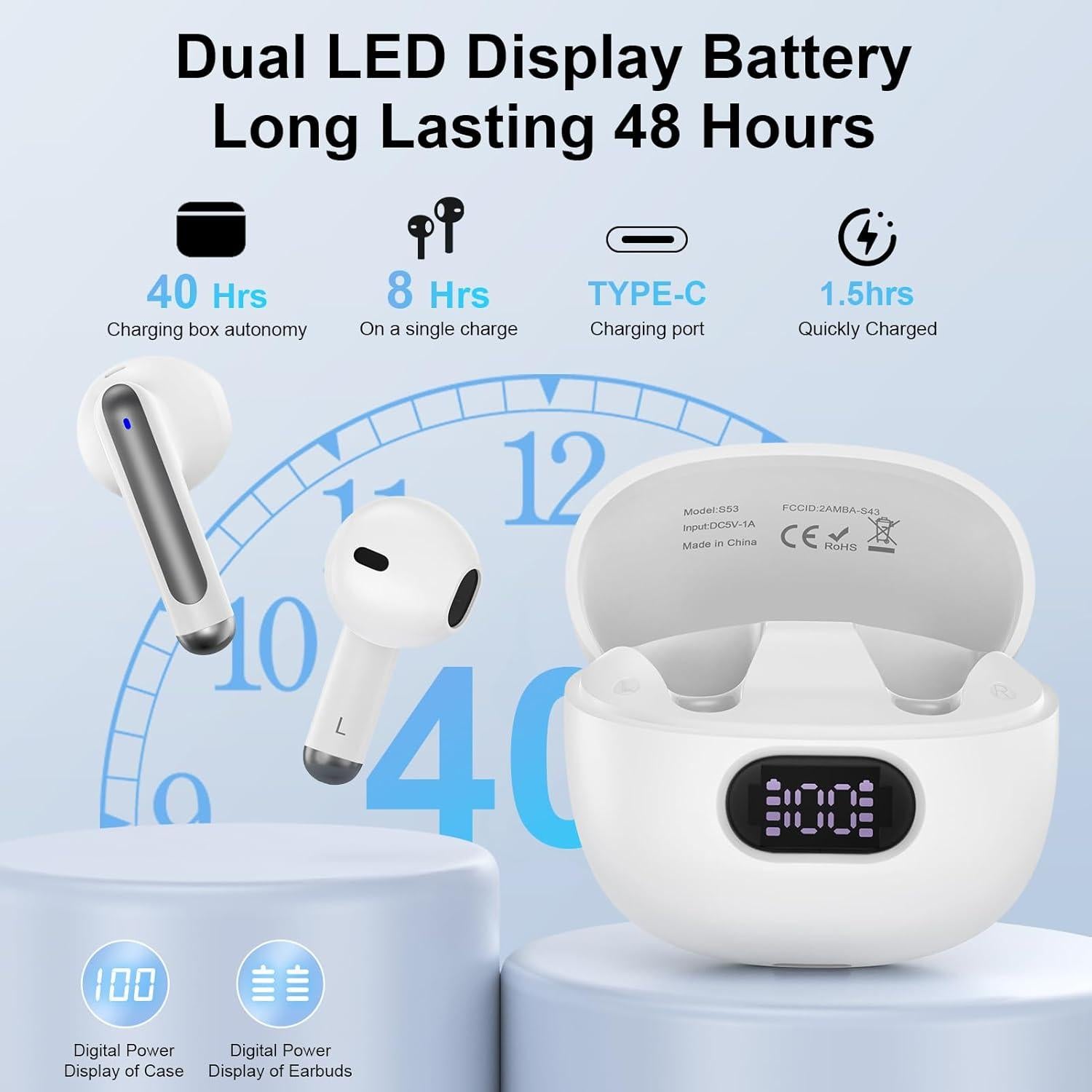 Auriculares Inalámbricos Bluetooth S53 con Estuche Carga LED IPX7