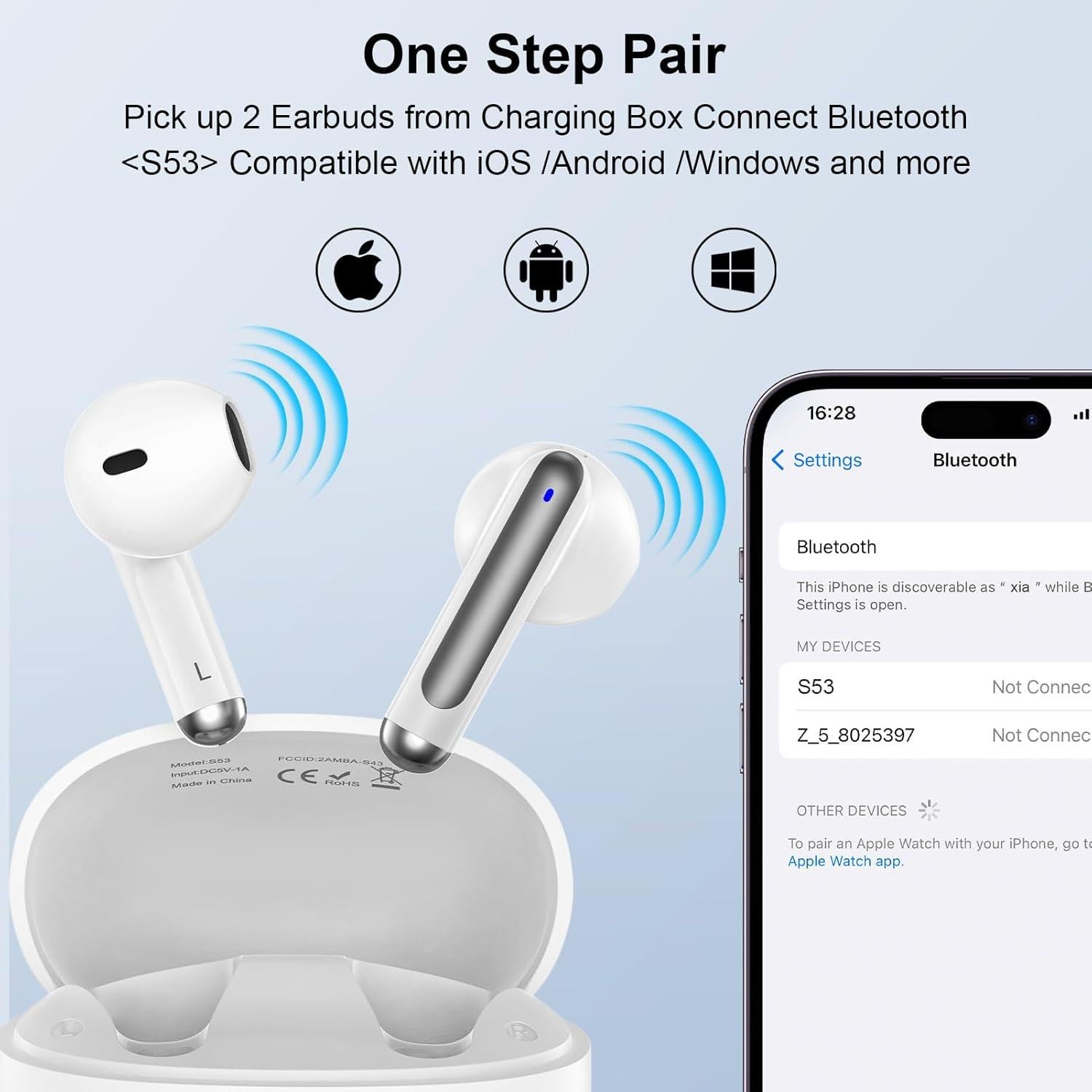 Auriculares Inalámbricos Bluetooth S53 con Estuche Carga LED IPX7