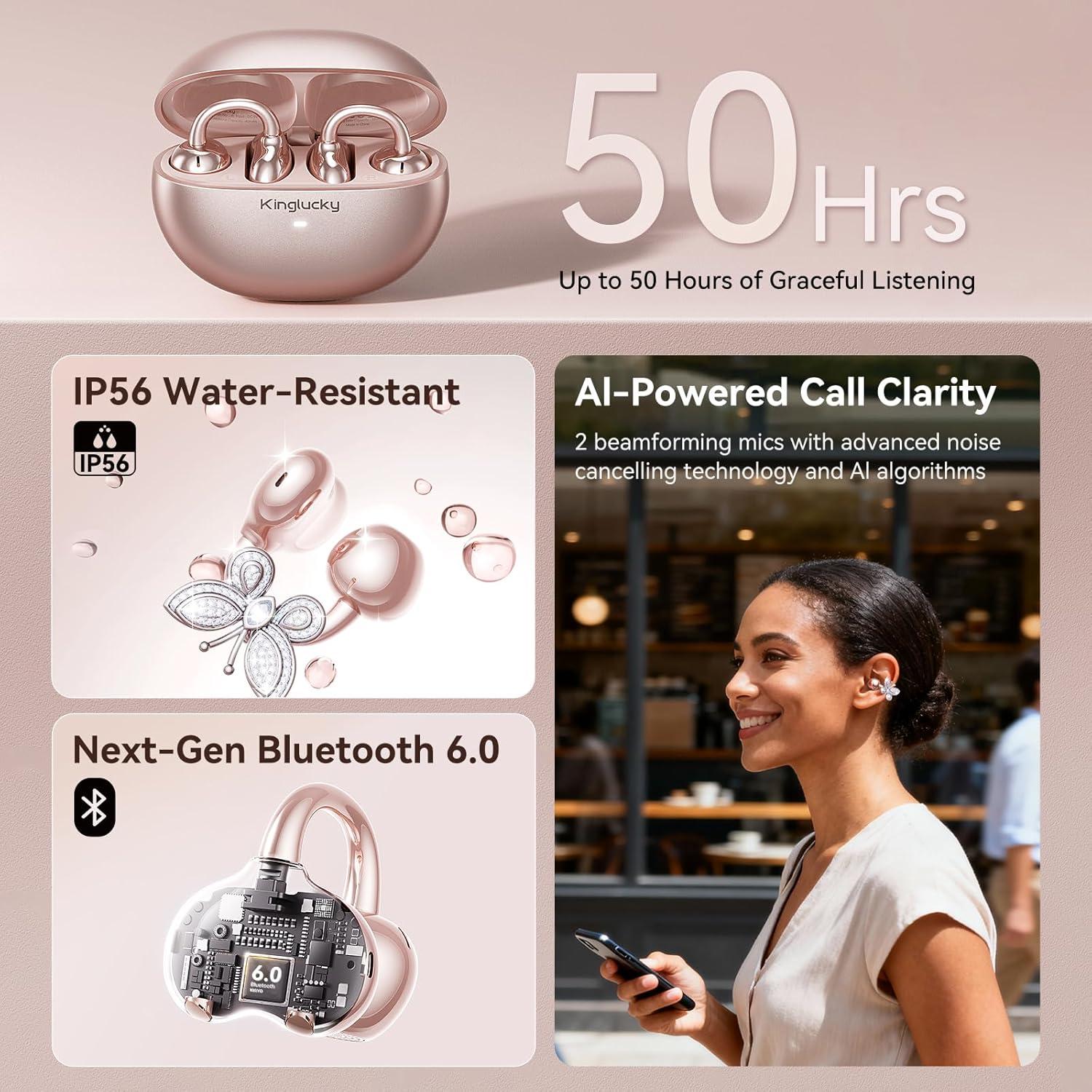 Auriculares Intrauditivos Abiertos Kinglucky A8 Bluetooth 5.4 50H Oro Rosa