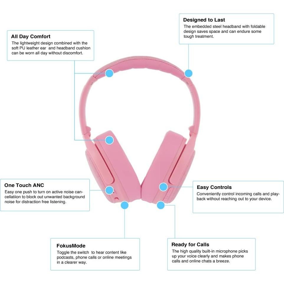 Made for Amazon, Active Noise Cancelling Bluetooth Headphones with Built-in Microphone | Pink