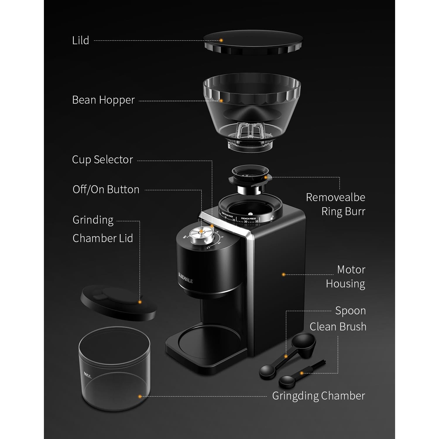 Molino de Café Eléctrico KIDISLE CG9406, 35 Configuraciones
