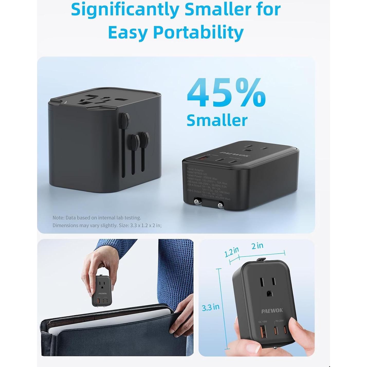 Adaptador de Viaje Universal PAEWOK NT009, Carga Rápida USB-C