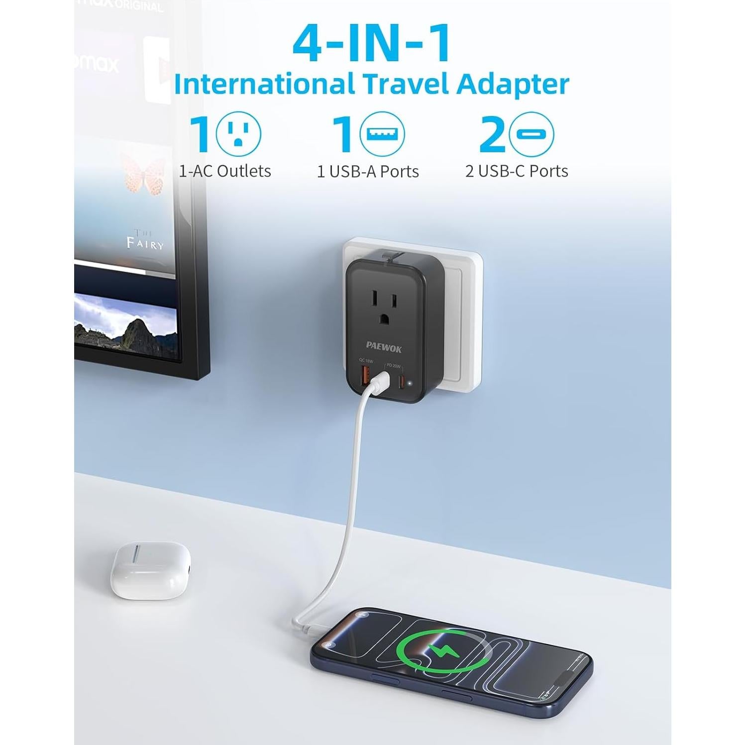 Adaptador de Viaje Universal PAEWOK NT009, Carga Rápida USB-C