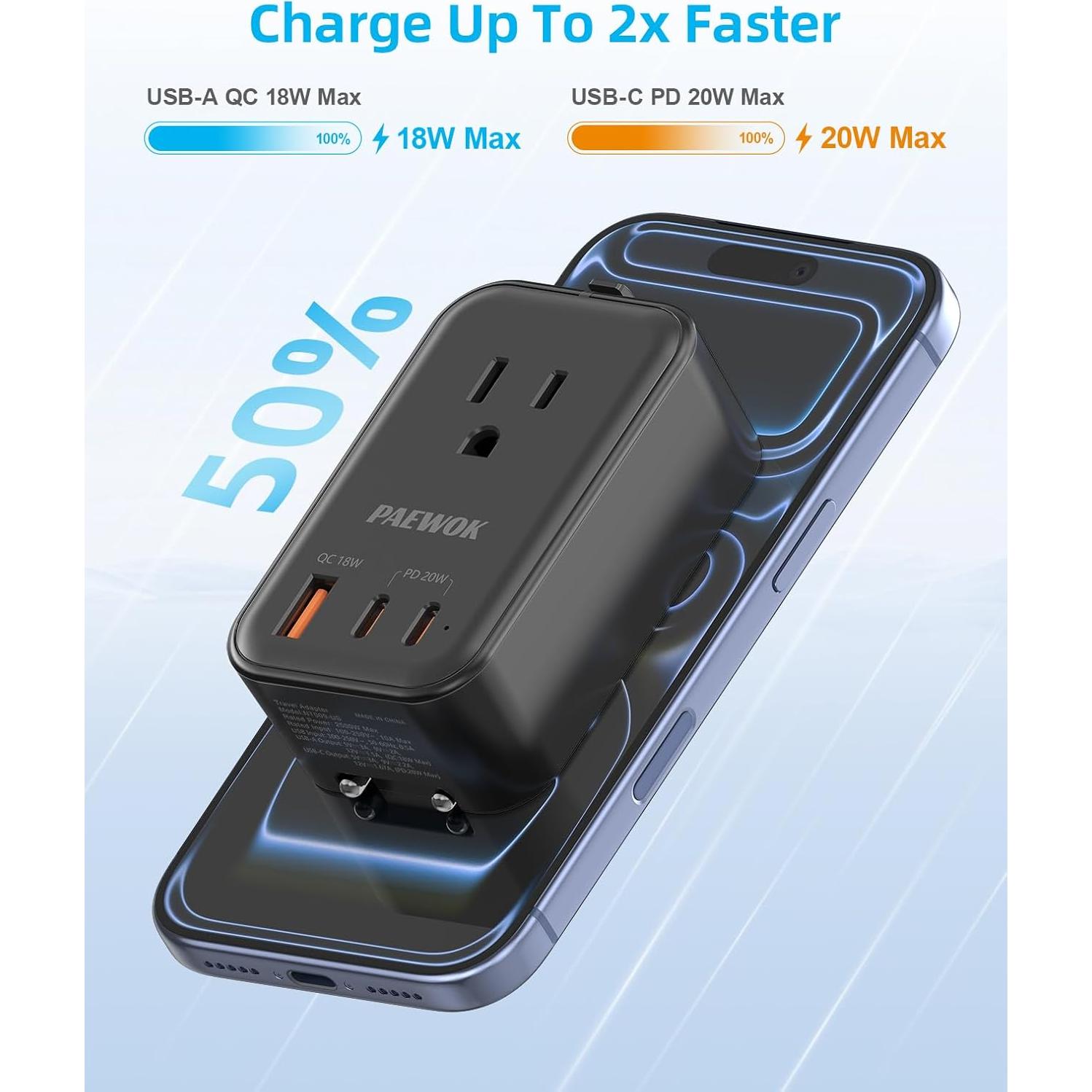 Adaptador de Viaje Universal PAEWOK NT009, Carga Rápida USB-C