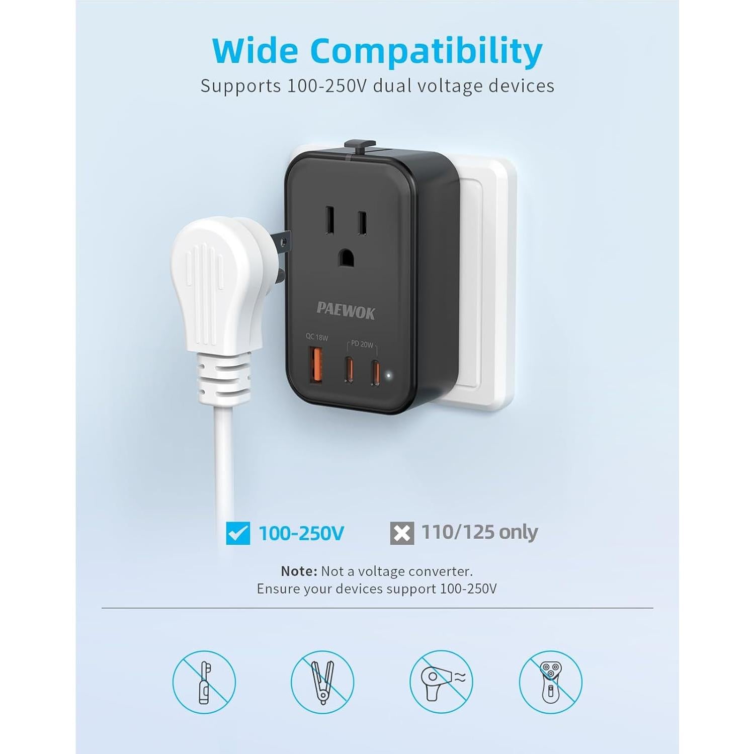 Adaptador de Viaje Universal PAEWOK NT009, Carga Rápida USB-C