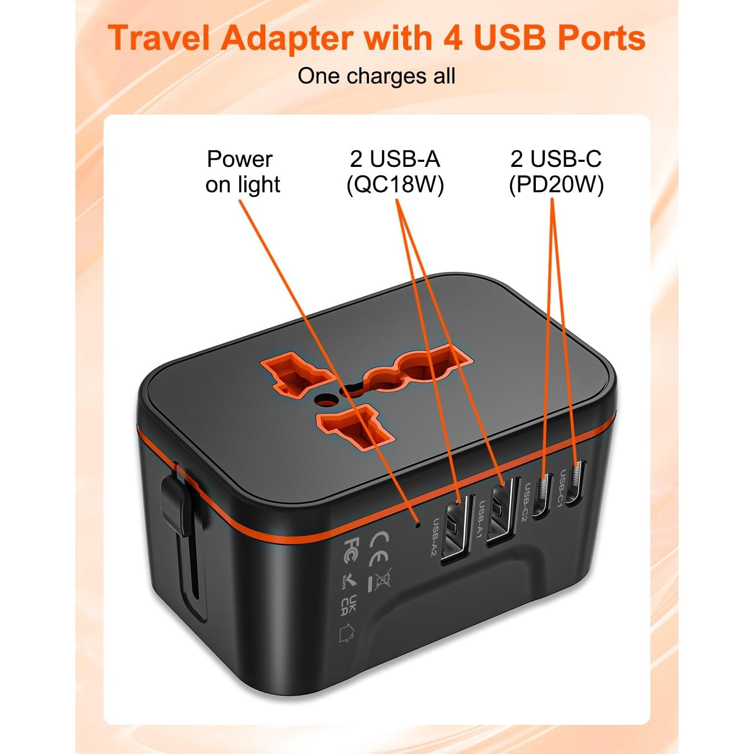Adaptador de Viaje Universal Shenzhen HHT205 con 2 USB-C y 2 USB-A