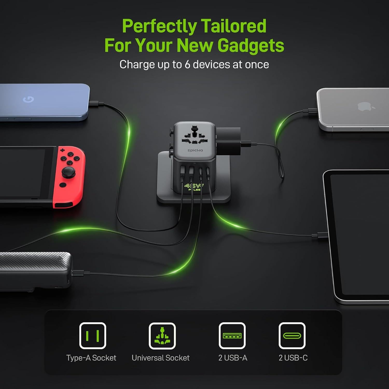 Adaptador de corriente internacional Epicka Pulse Duo 45W 6-en-1