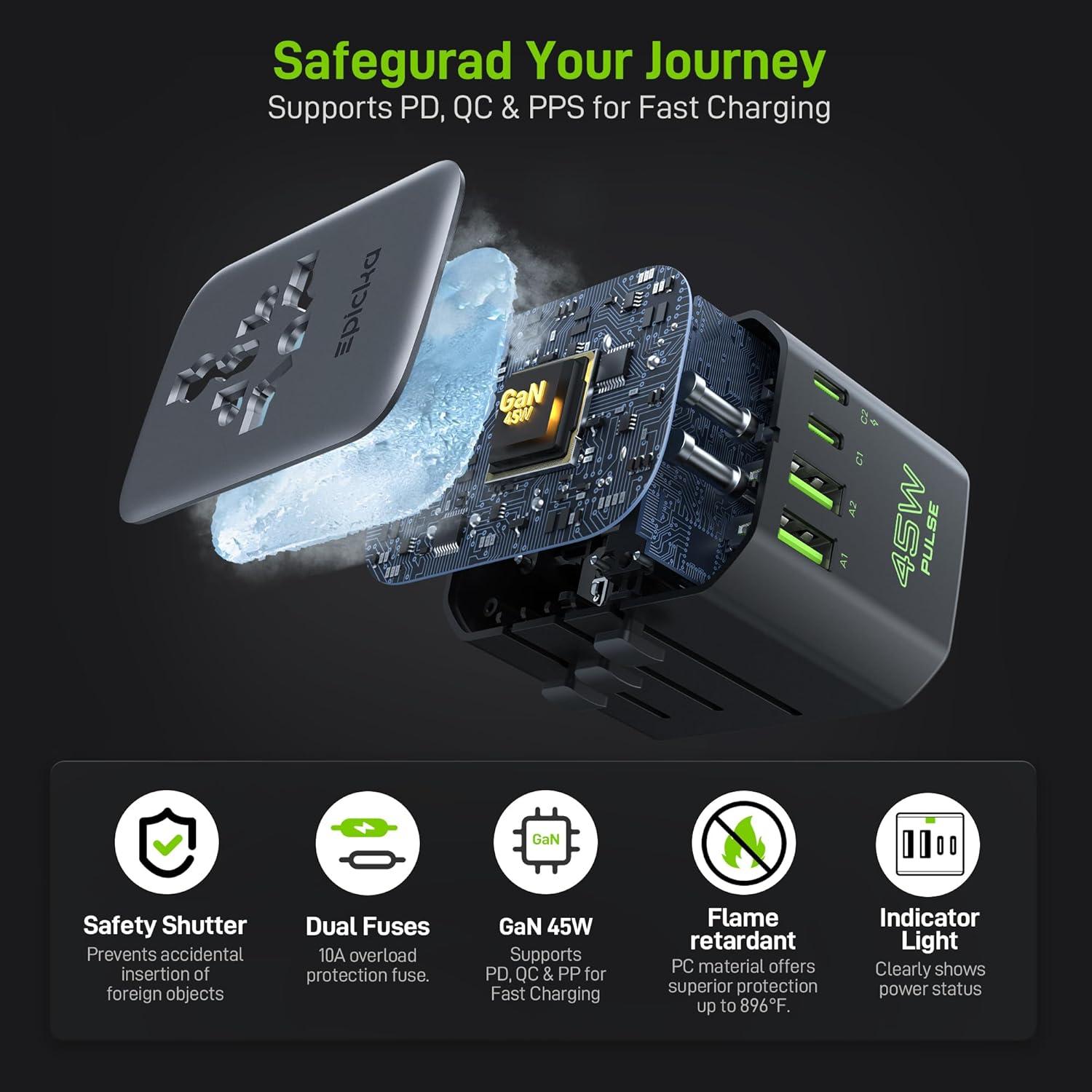 Adaptador de corriente internacional Epicka Pulse Duo 45W 6-en-1