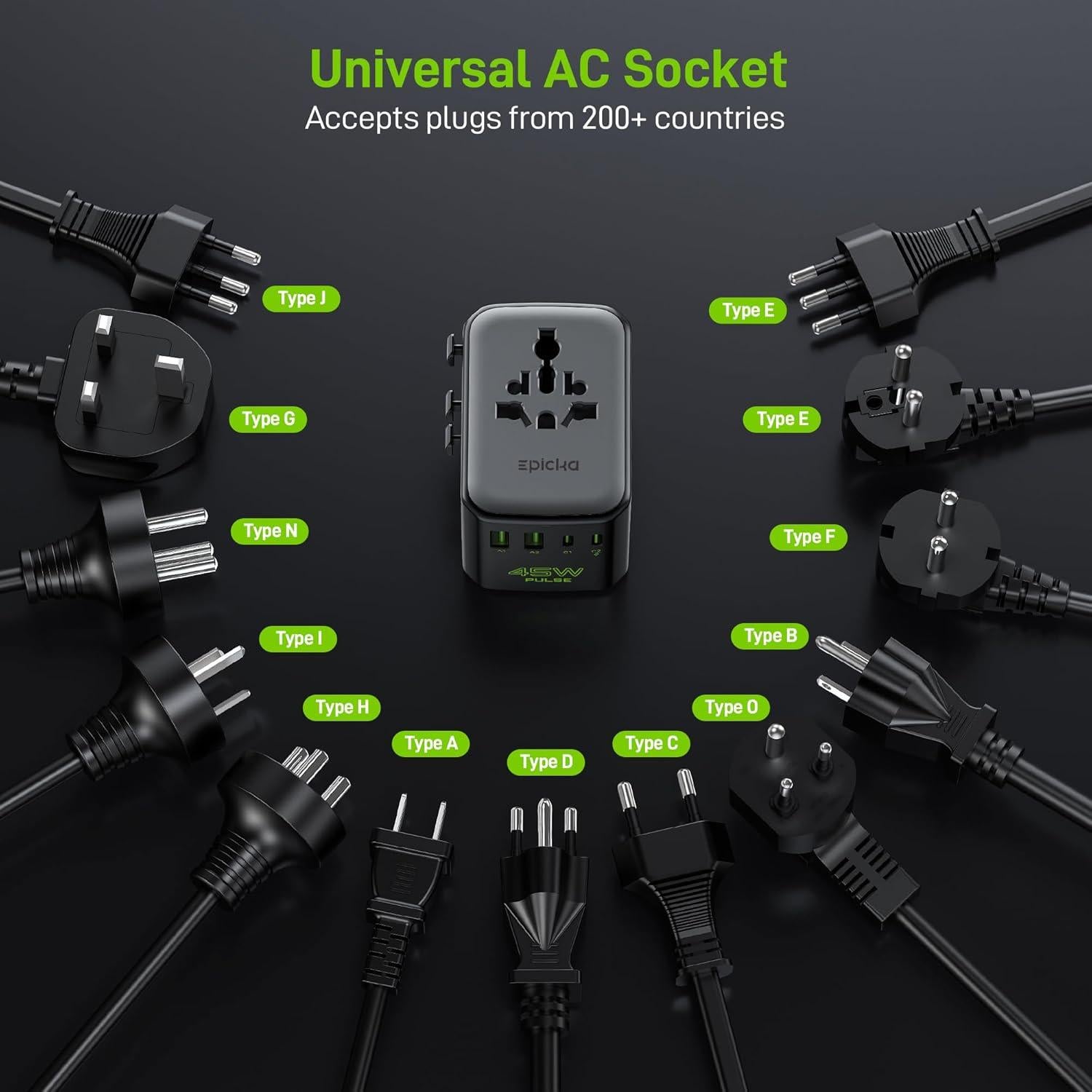 Adaptador de corriente internacional Epicka Pulse Duo 45W 6-en-1