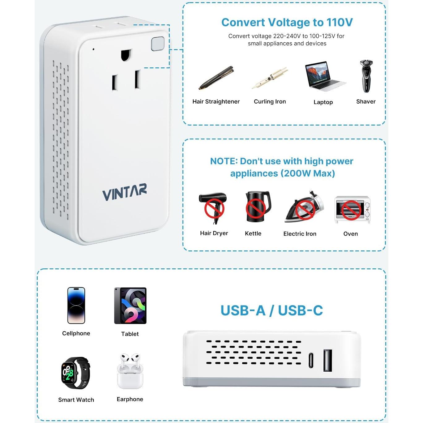 Convertidor de Voltaje VINTAR 220V a 110V 200W para Viajes